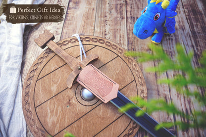 Wooden Toy Viking Sword and Round Shield Set: Handmade Personalised Gift - A