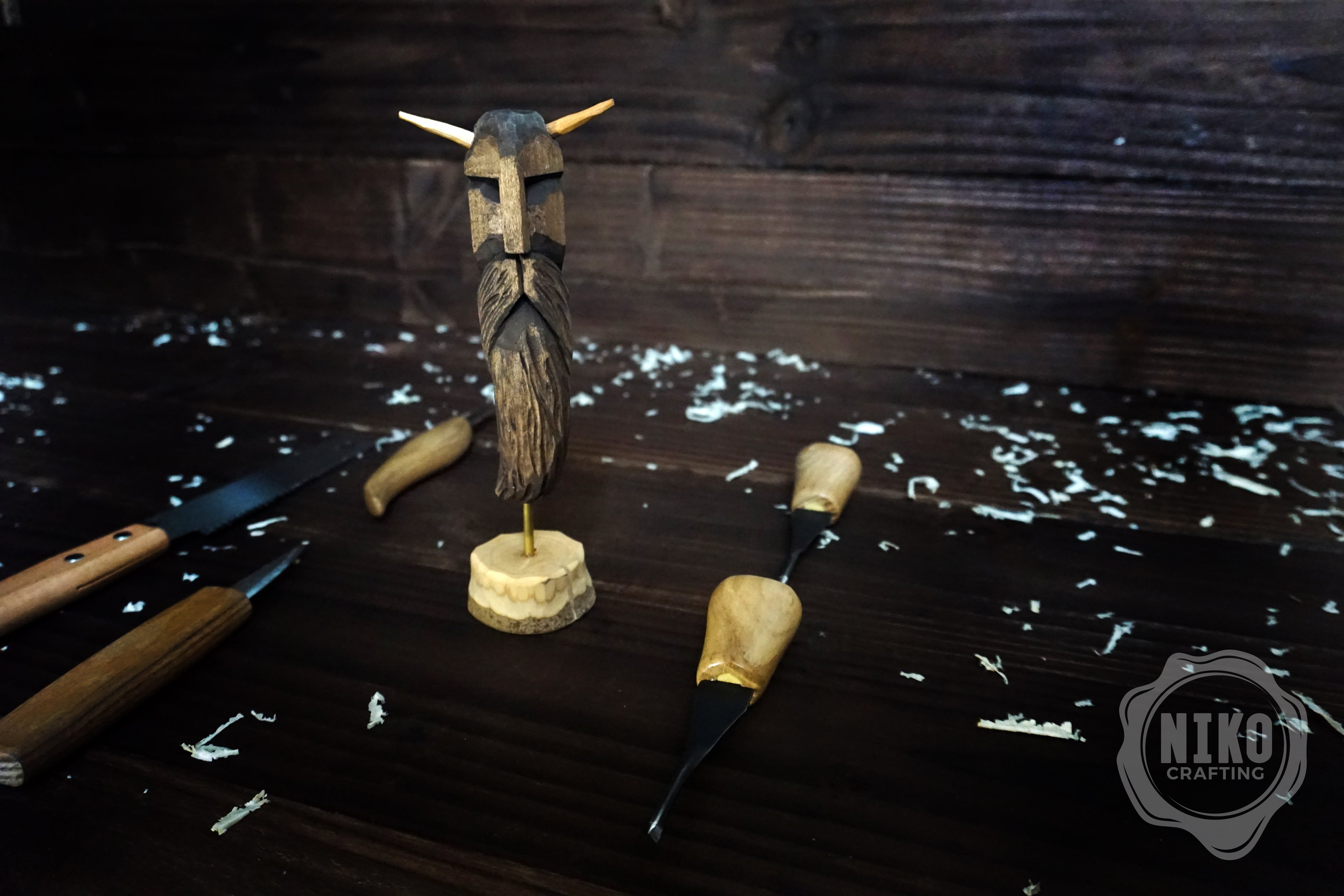 Hand-Carved Bearded Viking in Helmet with Horns - Whittled Standing Figurine. Personalised Gift