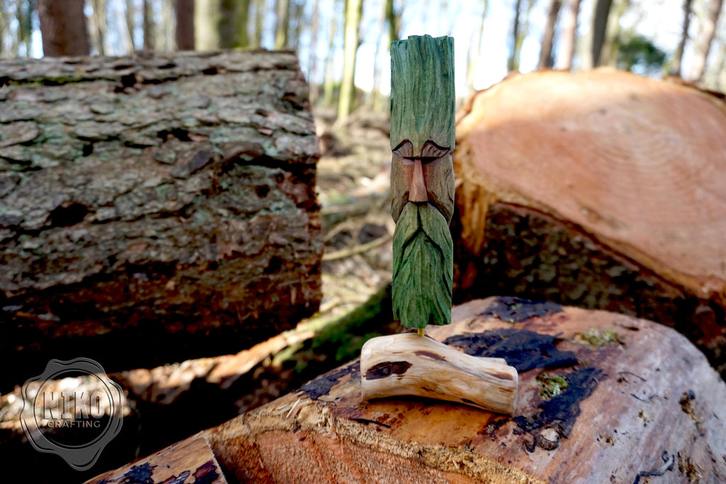 Hand Carved Green Man - Whittled Standing Figurine. Personalised Wood Spirit.