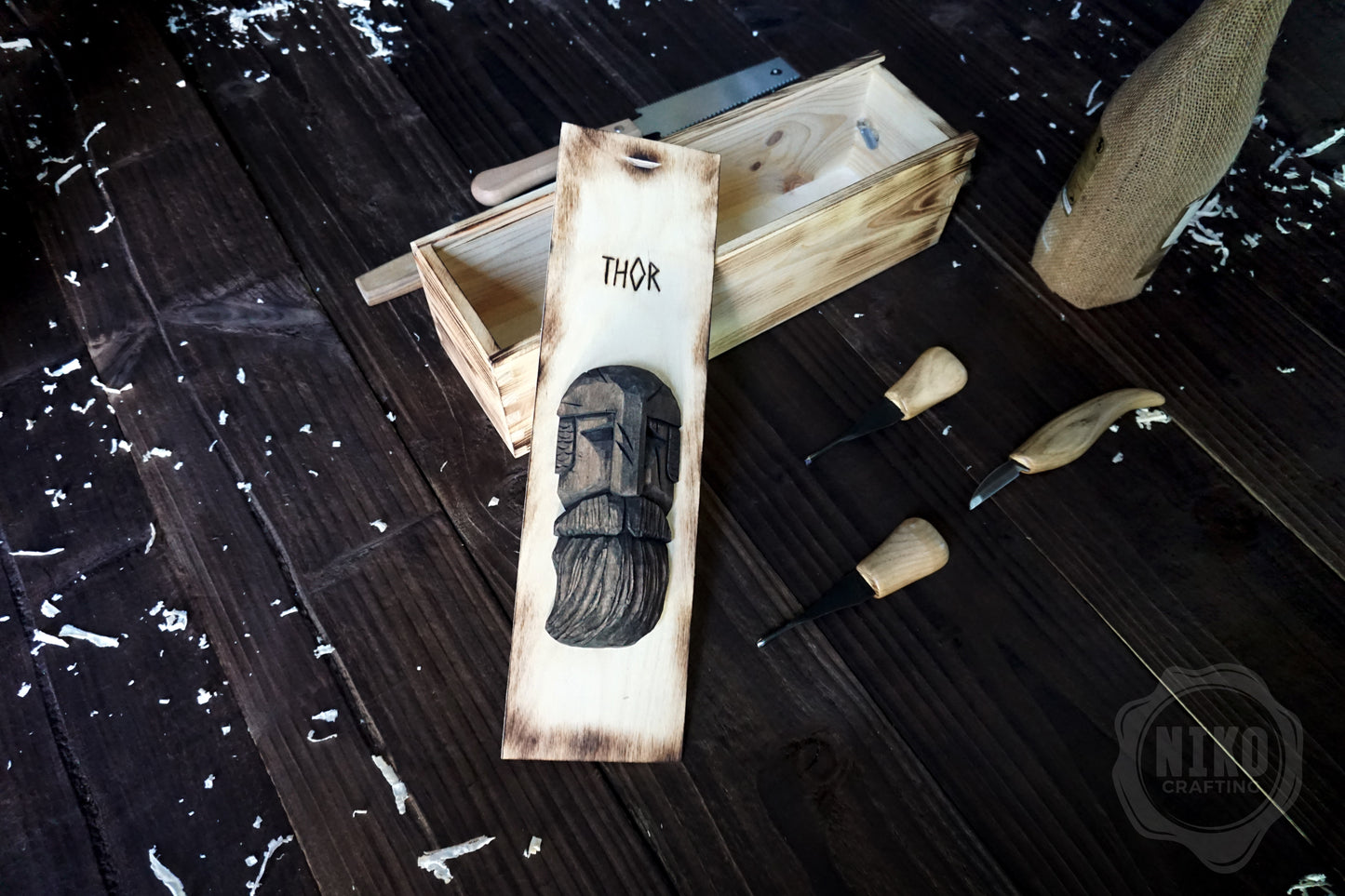 Handmade Wooden Wine Box - Carved Thor on Sliding Lid. Personalized Viking Gift - Chest with Rope Handle & Pyrography