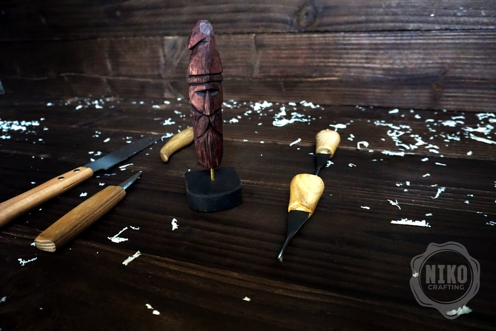 Hand-Carved Bearded Viking- Whittled Standing Figurine. Personalised Purple Viking in Hat