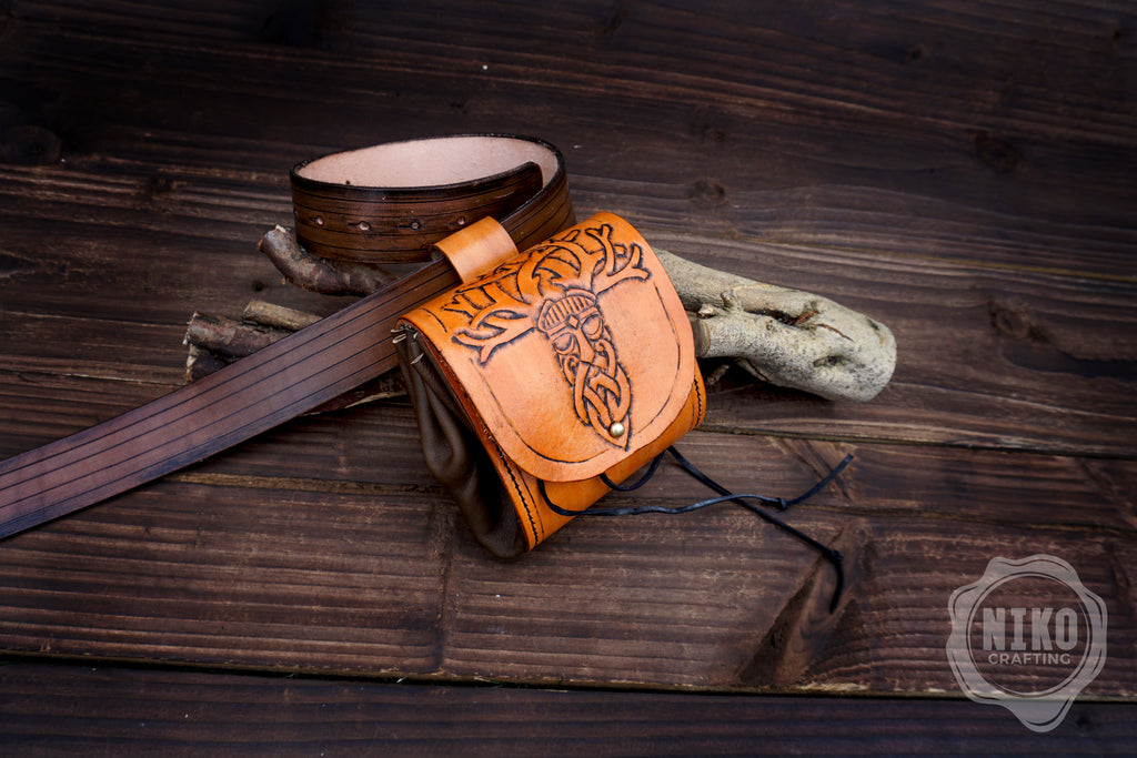 Handmade Viking Leather Pouch: Veles Embossing - Medieval, Pagan Hip-bag