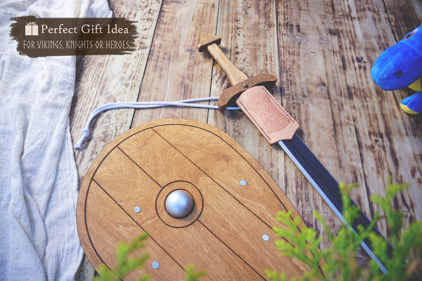 Wooden Viking Sword and Almond Shield - Handmade Personalised Toy - B
