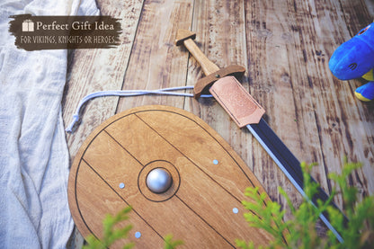 Wooden Viking Sword and Almond Shield - Handmade Personalised Toy - B