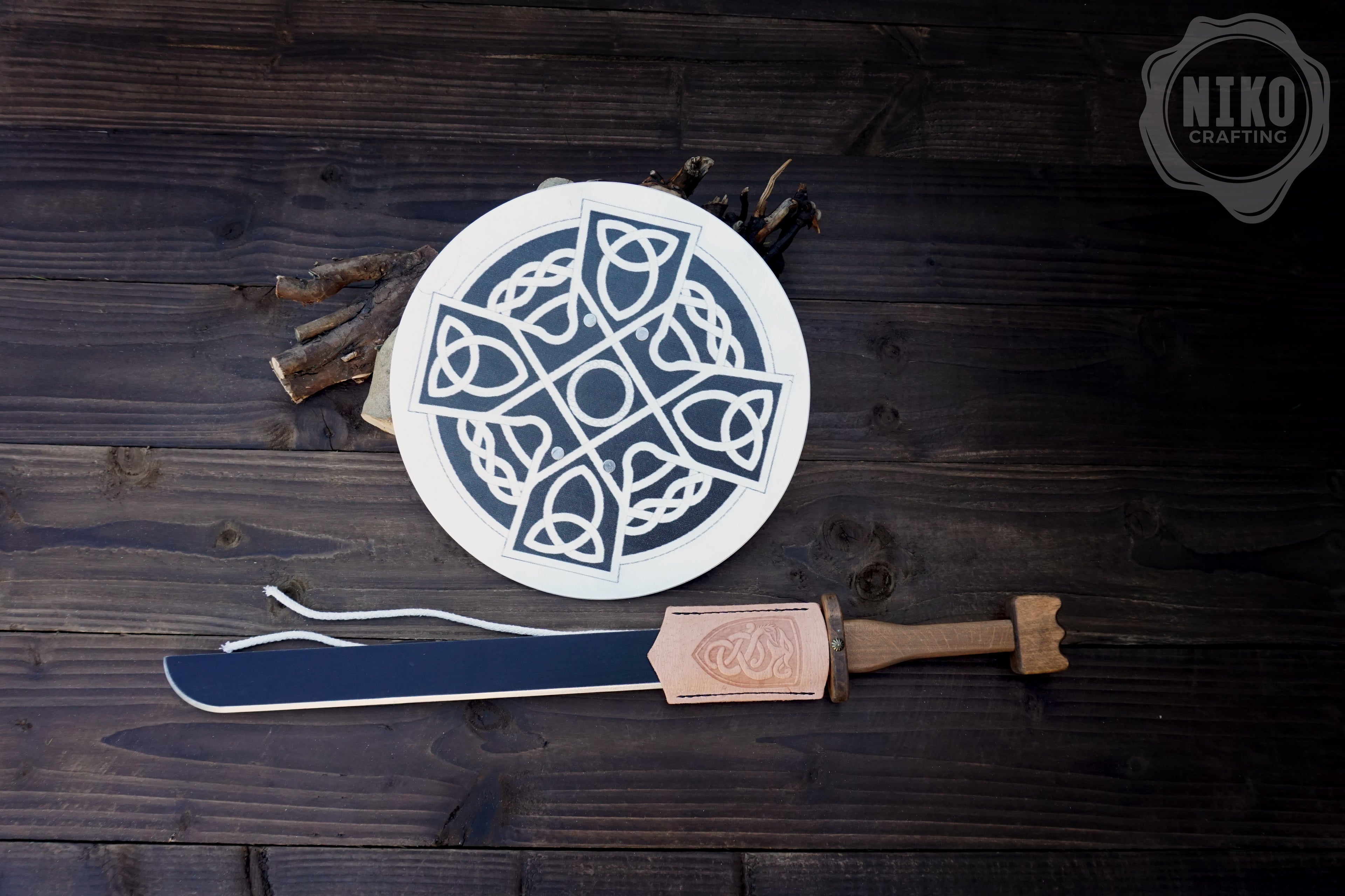 Wooden Viking Sword (langsax) and Shield (Cross) Toy Set: Handmade Personalised gift