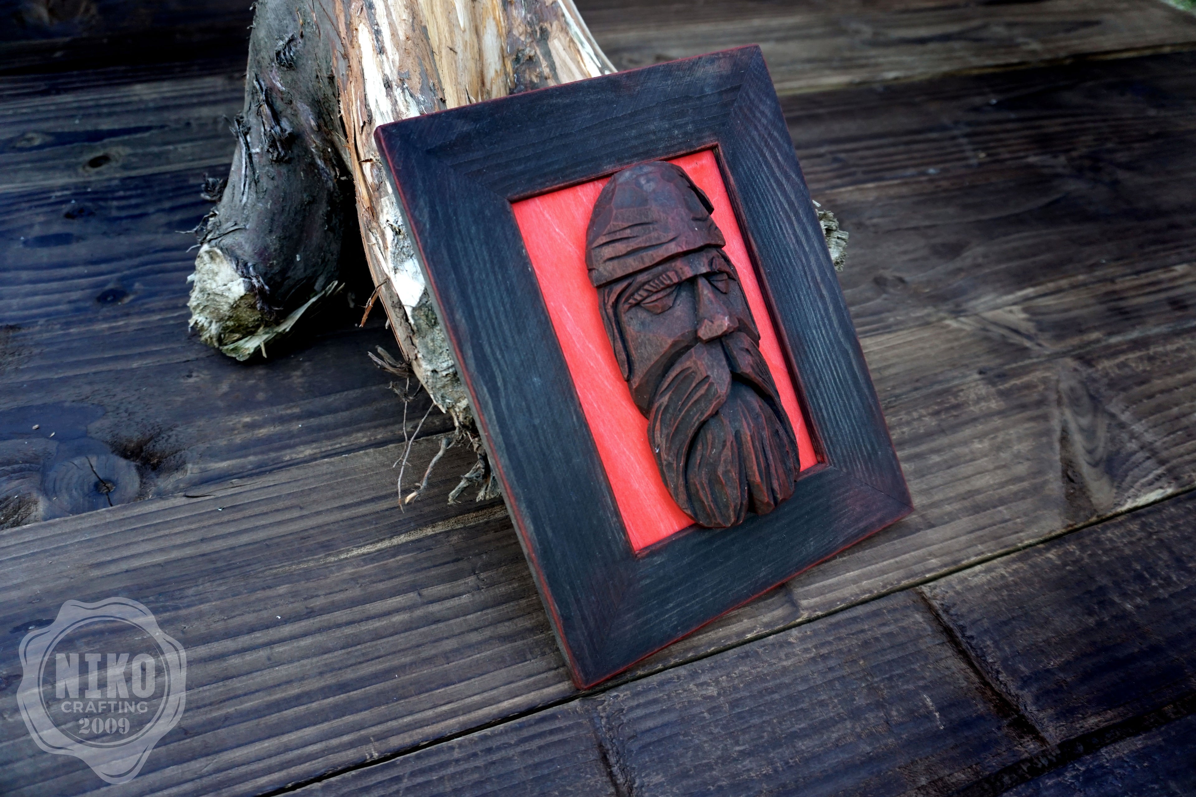 Hand Carved Black Viking in Frame - Personalized Rustic Home Decoration