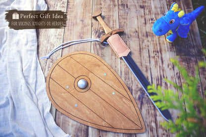 Wooden Viking Sword and Almond Shield - Handmade Personalised Toy - C