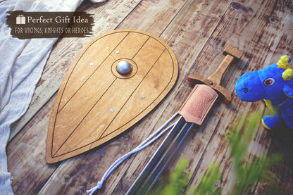 Wooden Viking Sword and Almond Shield - Handmade Personalised Toy - A