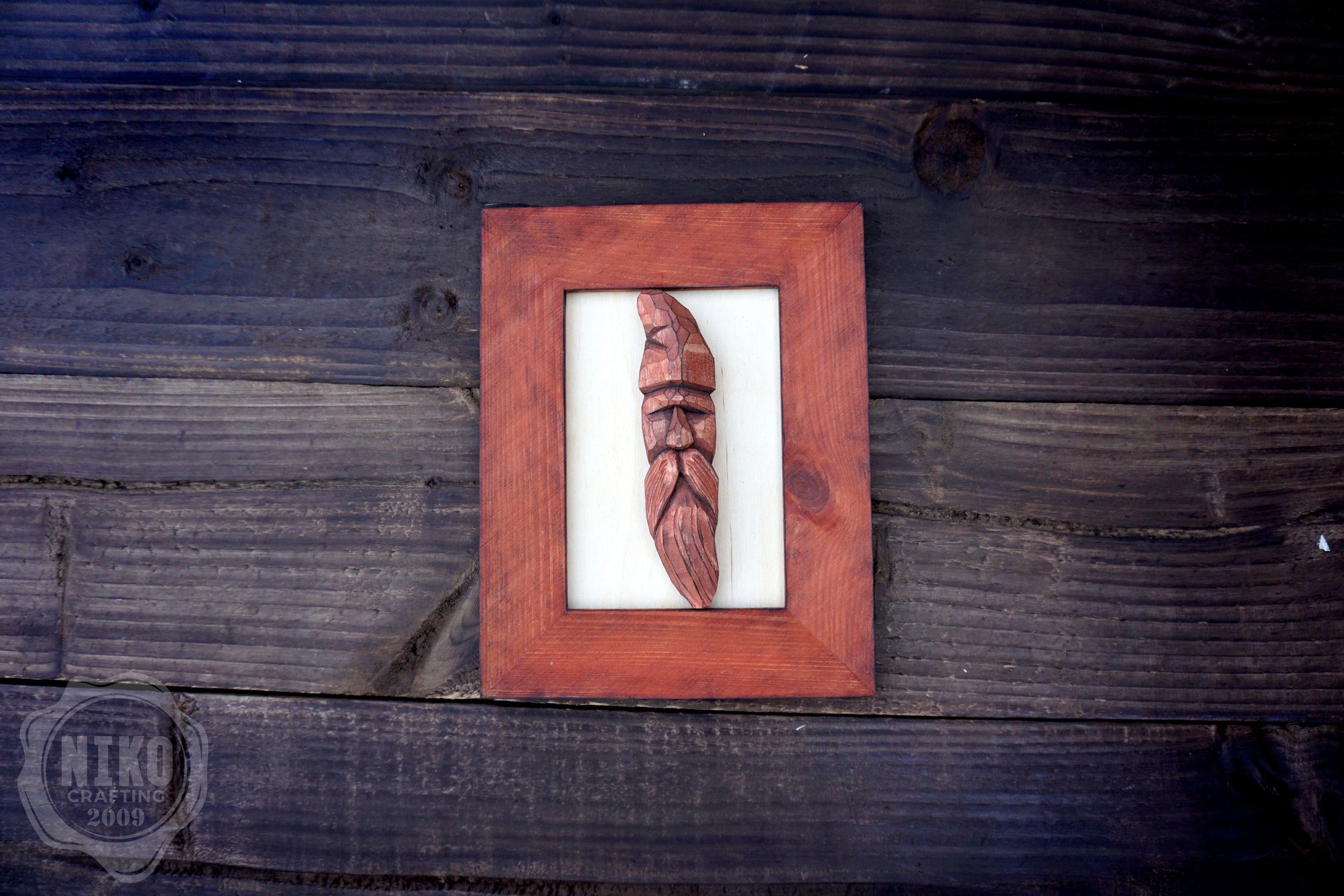 Hand Carved Viking in Frame - Personalized Rustic Home Decoration – Handmade Wal Art - Red/Brown