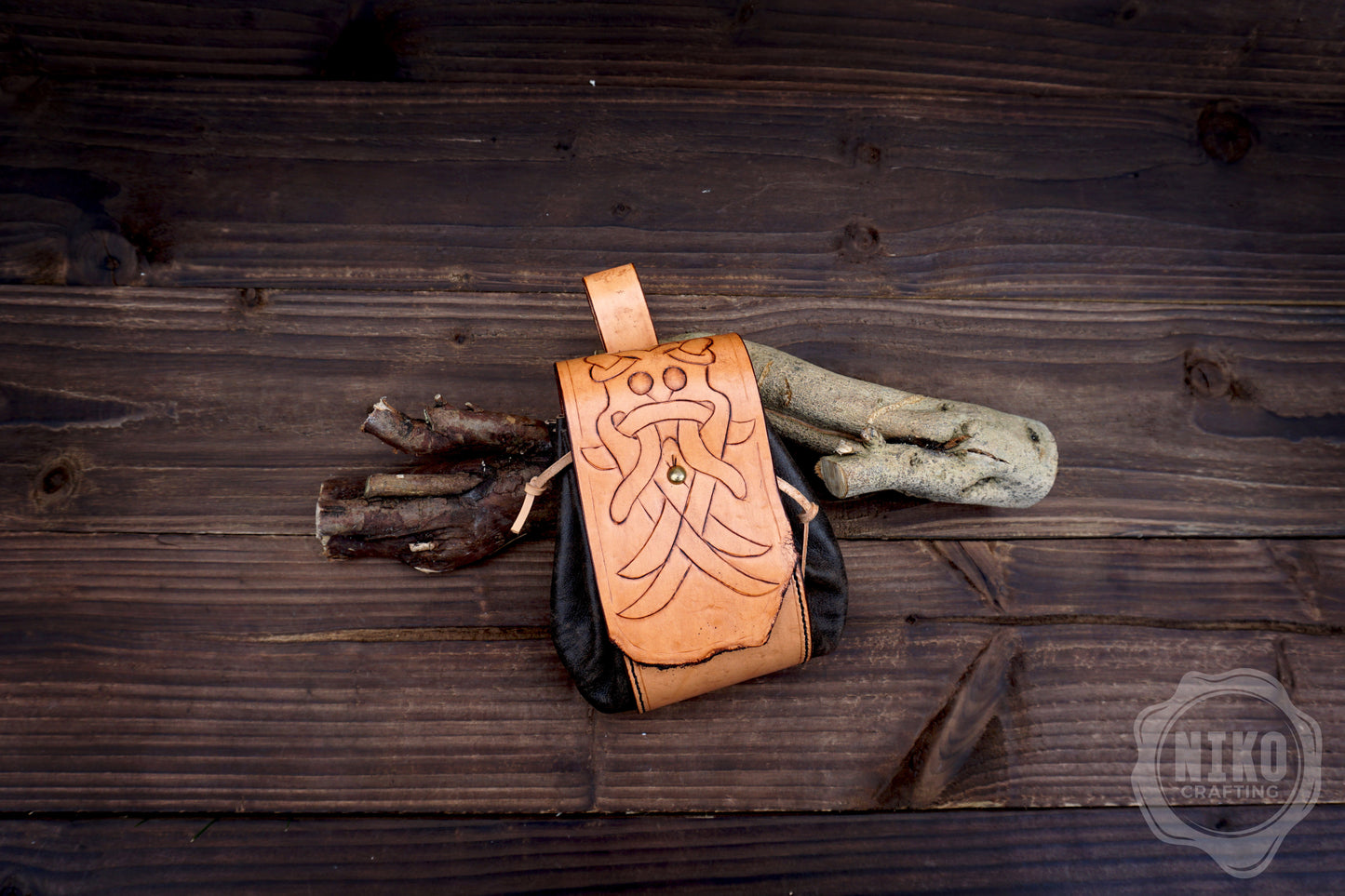 Handmade leather Viking Belt Pouch with "Aarhus Stone" Embossing - Medieval Hip-bag