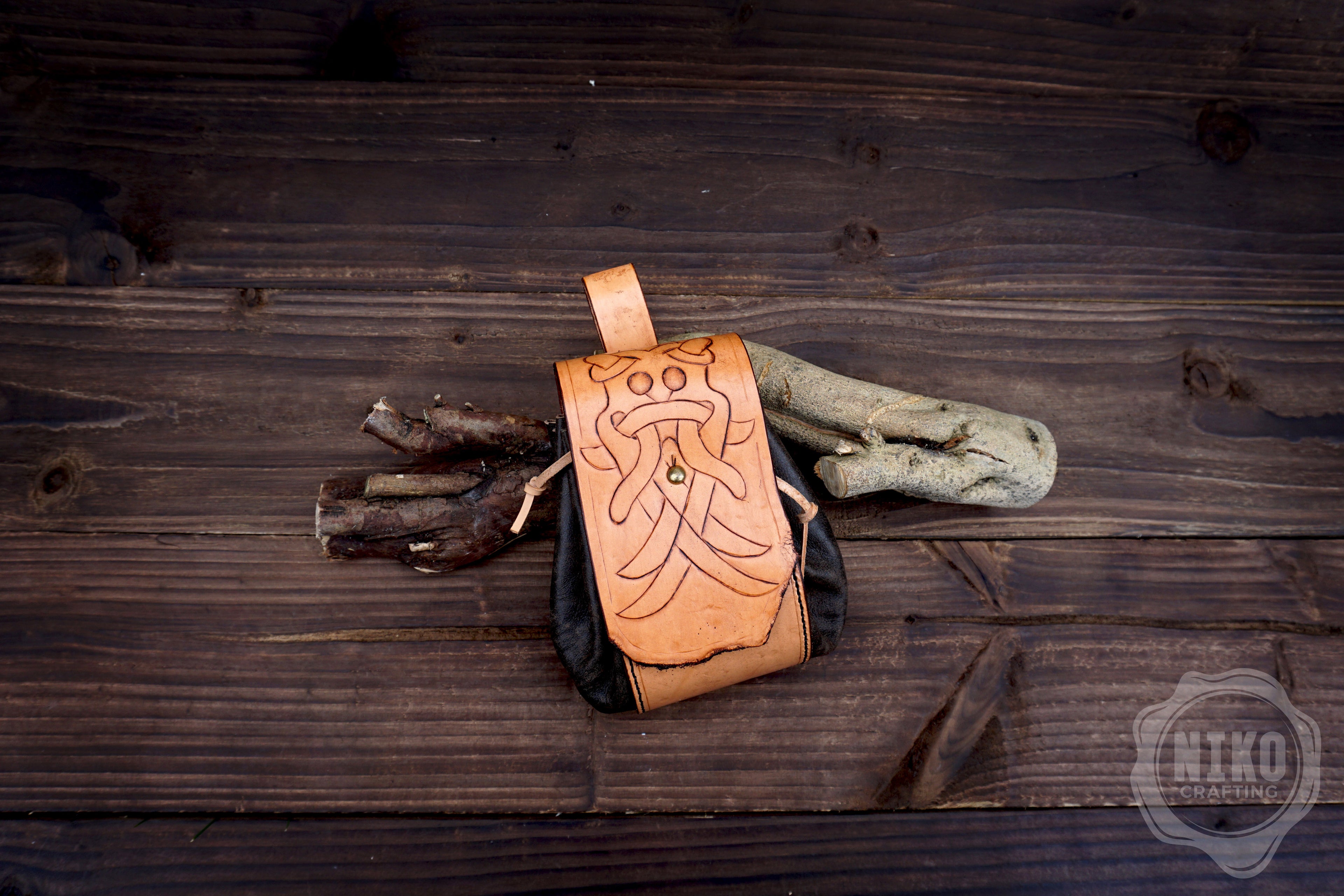 Handmade leather Viking Belt Pouch with "Aarhus Stone" Embossing - Medieval Hip-bag