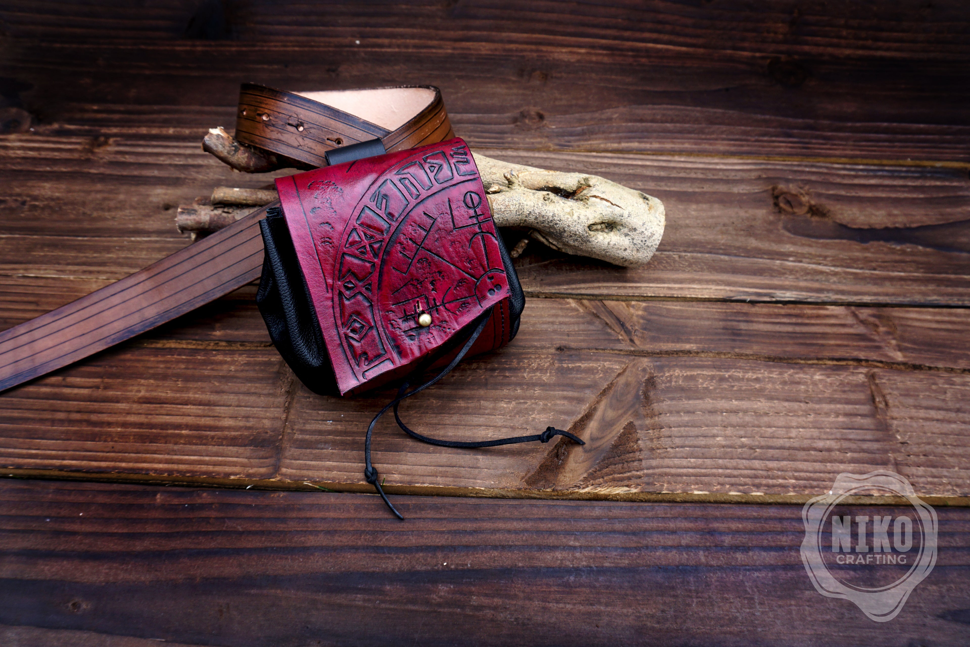 Handmade Viking Leather Belt Pouch: Vegvisir Embossing - Medieval, Pagan Hip-bag