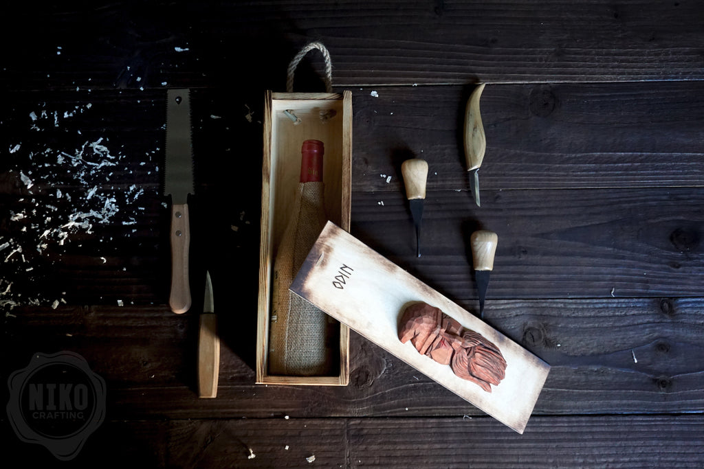 Handmade Wooden Wine Box - Carved Odin on Sliding Lid. Personalized Viking Gift - Chest with Rope Handle & Pyrography.