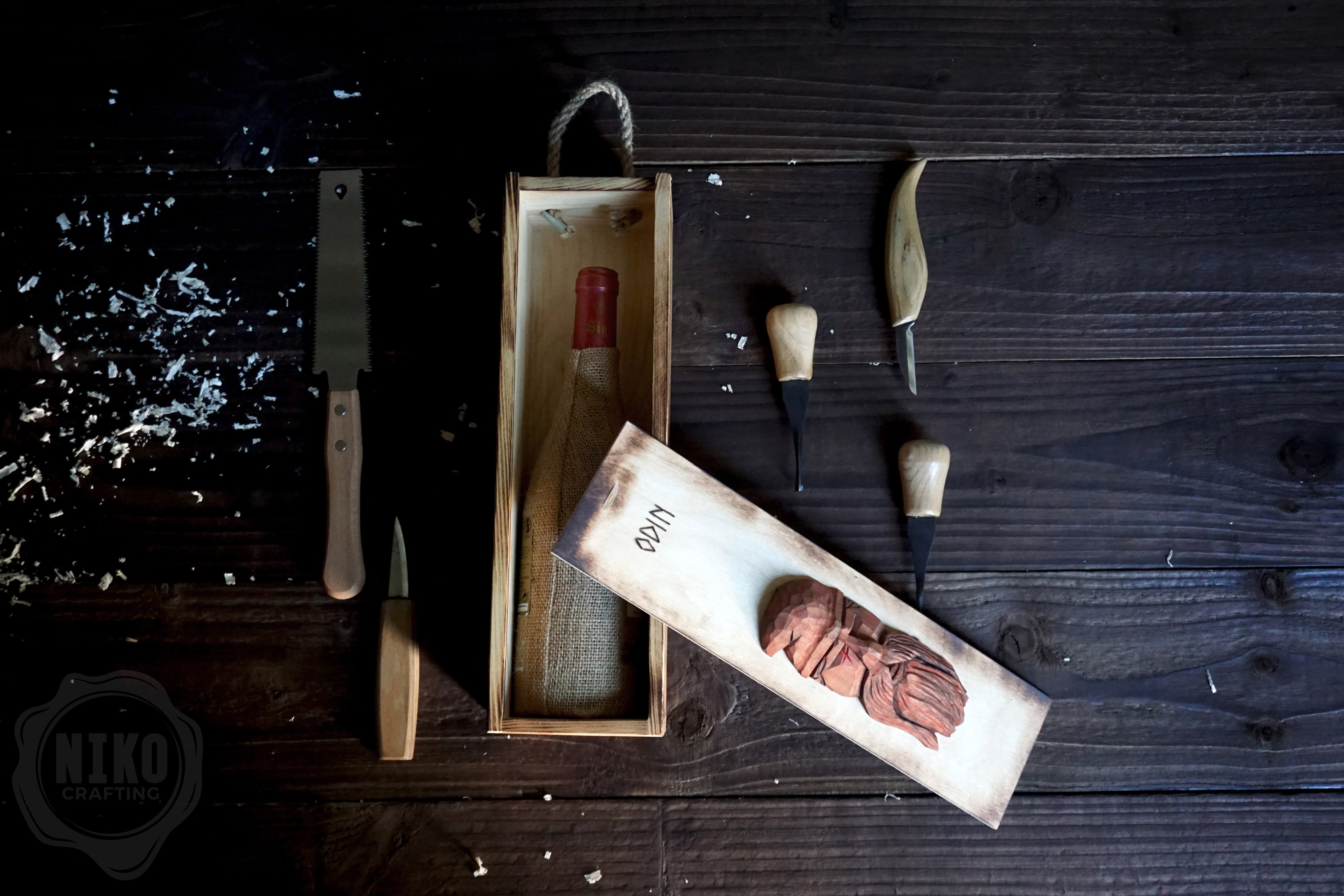 Handmade Wooden Wine Box - Carved Odin on Sliding Lid. Personalized Viking Gift - Chest with Rope Handle & Pyrography.