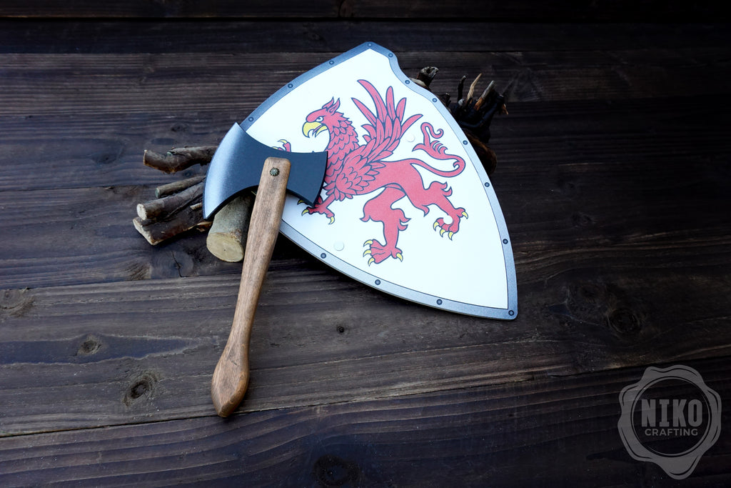 Wooden Small Toy Axe and Gryffin Shield - Handmade, Personalised gift