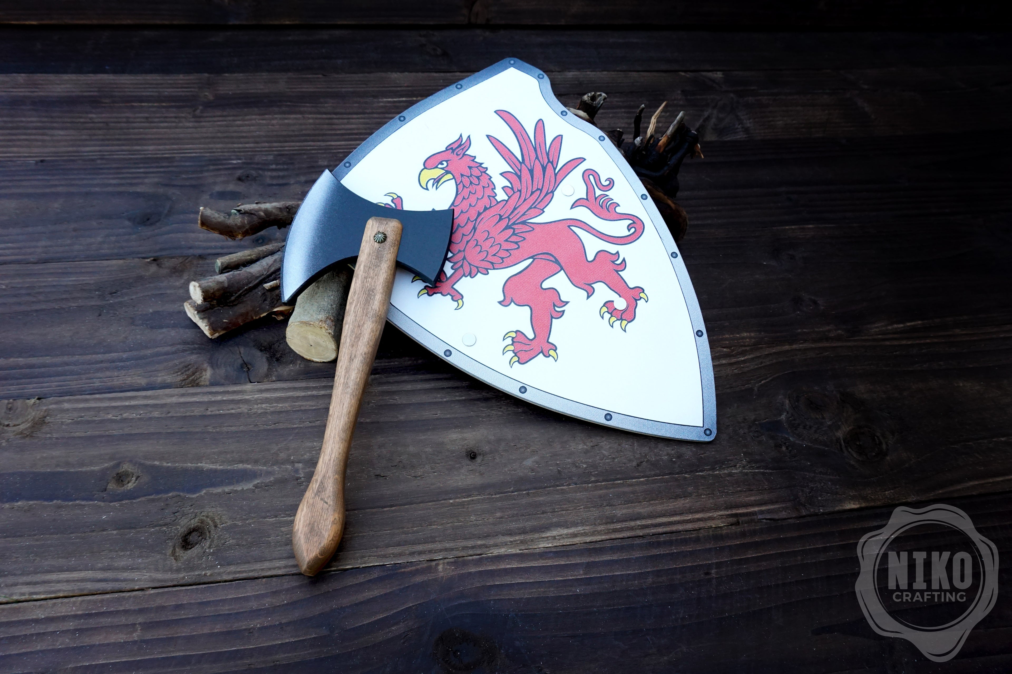 Wooden Small Toy Axe and Gryffin Shield - Handmade, Personalised gift