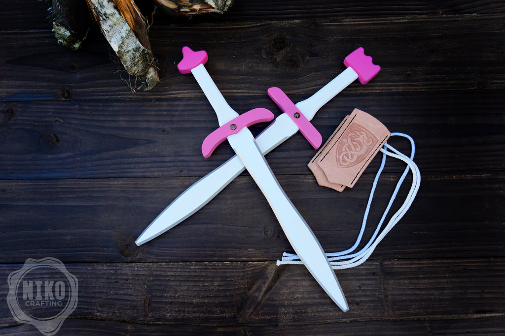 Pink Wooden Toy Sword with Leather Scabbard: Handmade, Personalised Gift