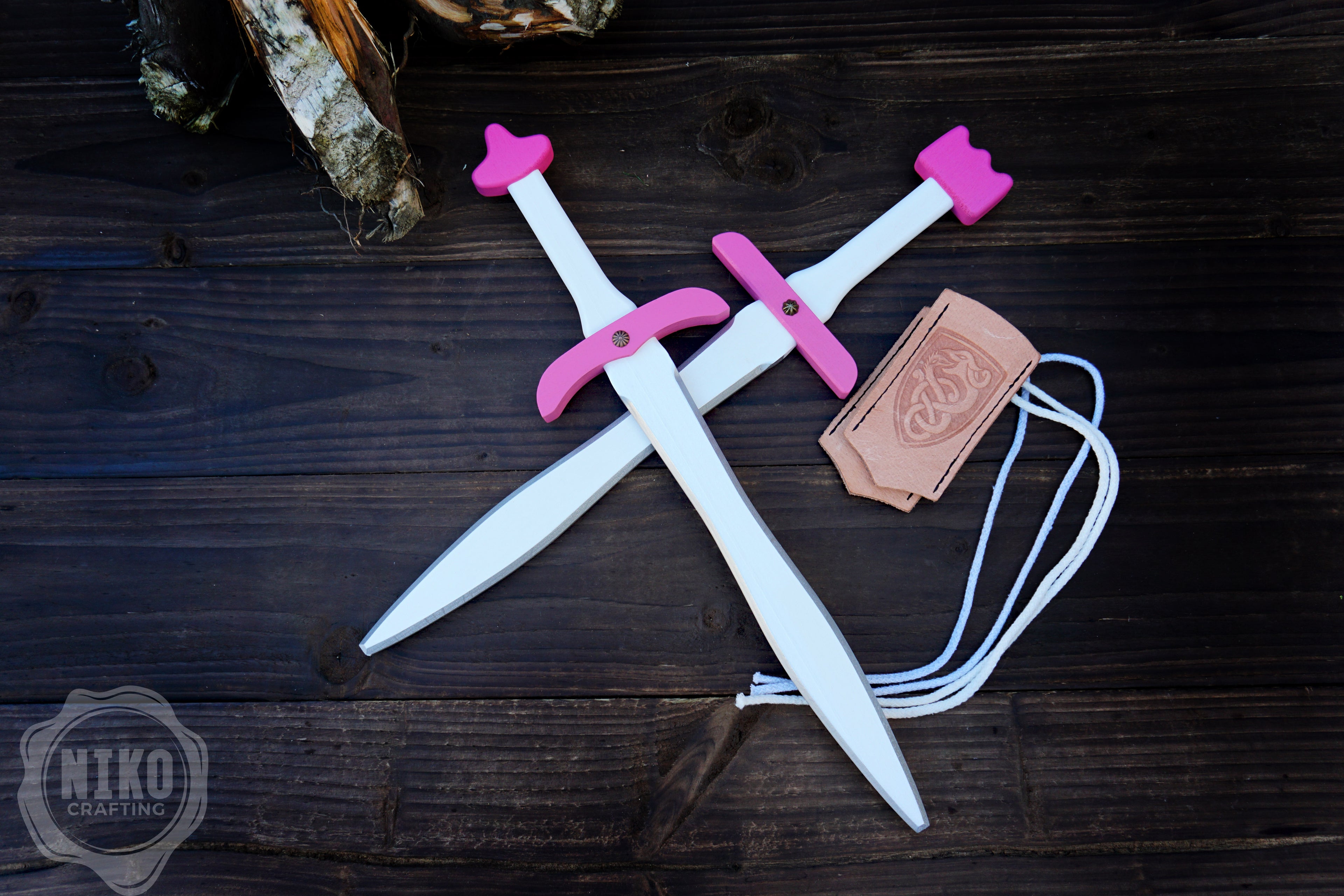Pink Wooden Toy Sword with Leather Scabbard: Handmade, Personalised Gift