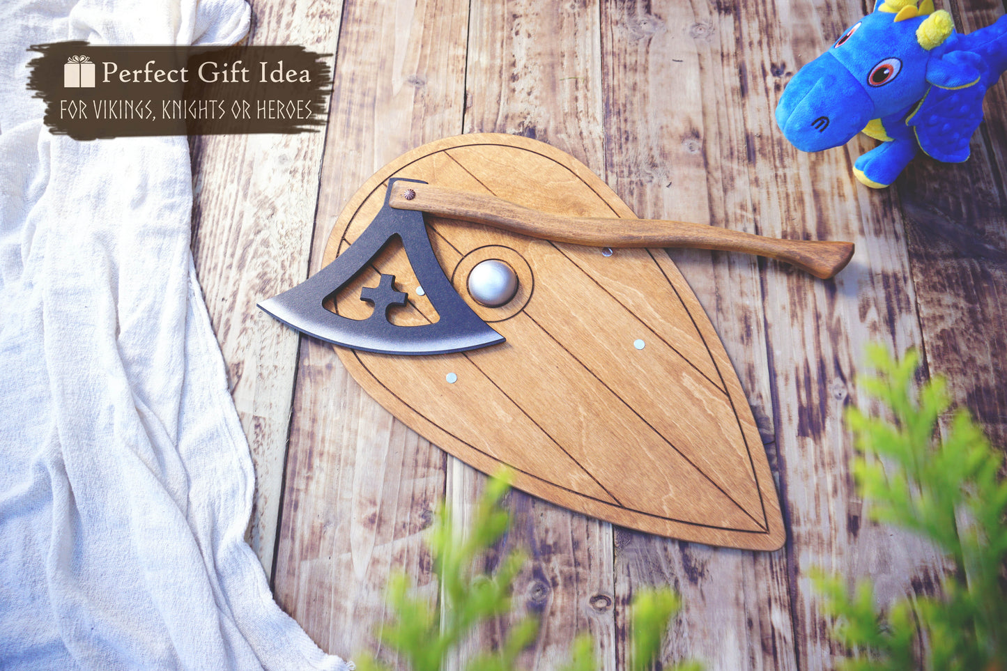 Wooden Viking Axe and Almond Shield - Gotland - Handmade Personalised Toy
