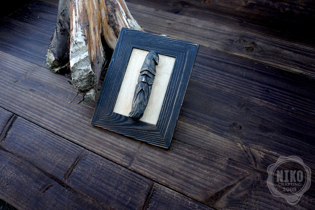 Hand - Carved Viking in Frame - Personalized Rustic Home Decoration – Handmade Wal Art - Black