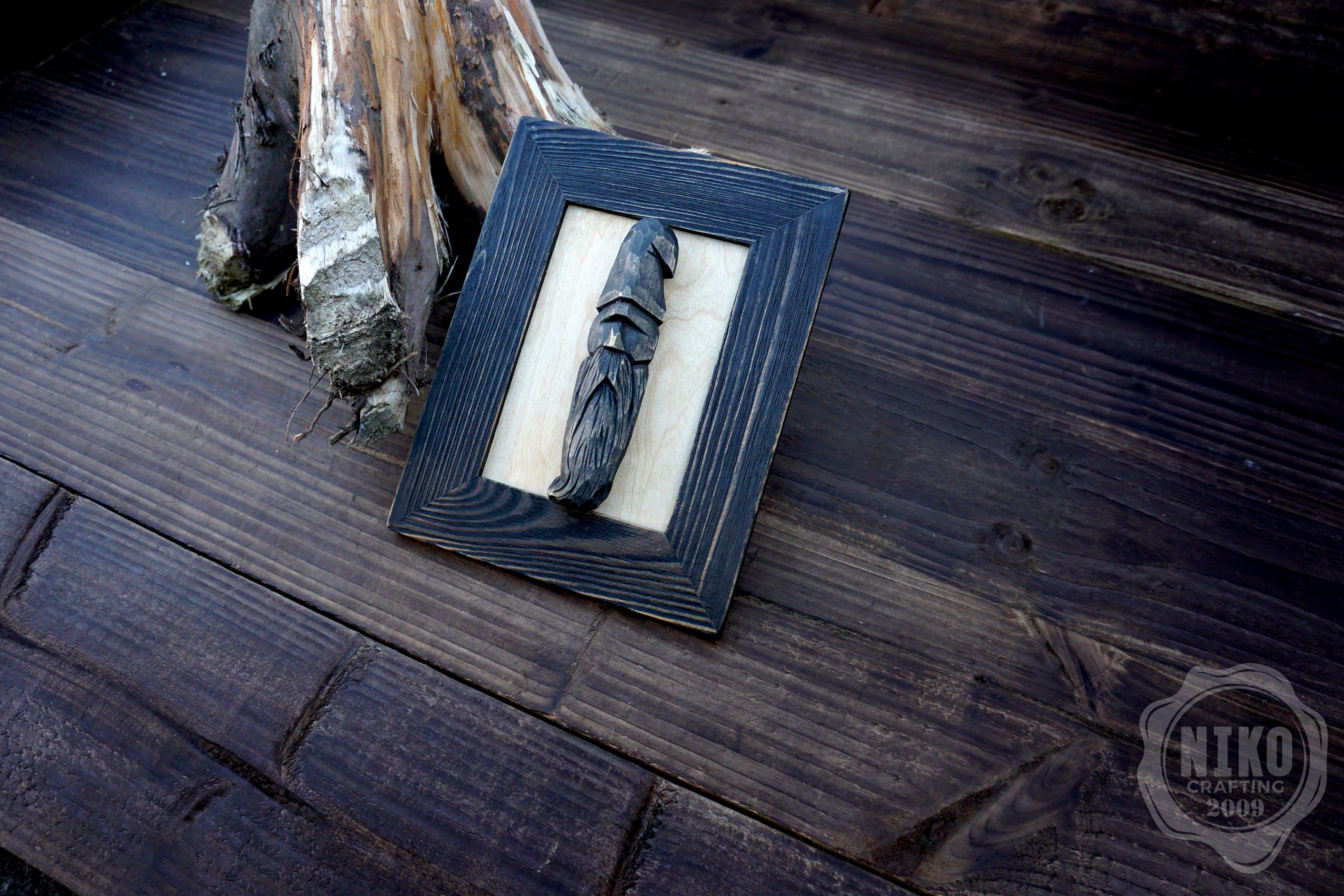 Hand - Carved Viking in Frame - Personalized Rustic Home Decoration – Handmade Wal Art - Black