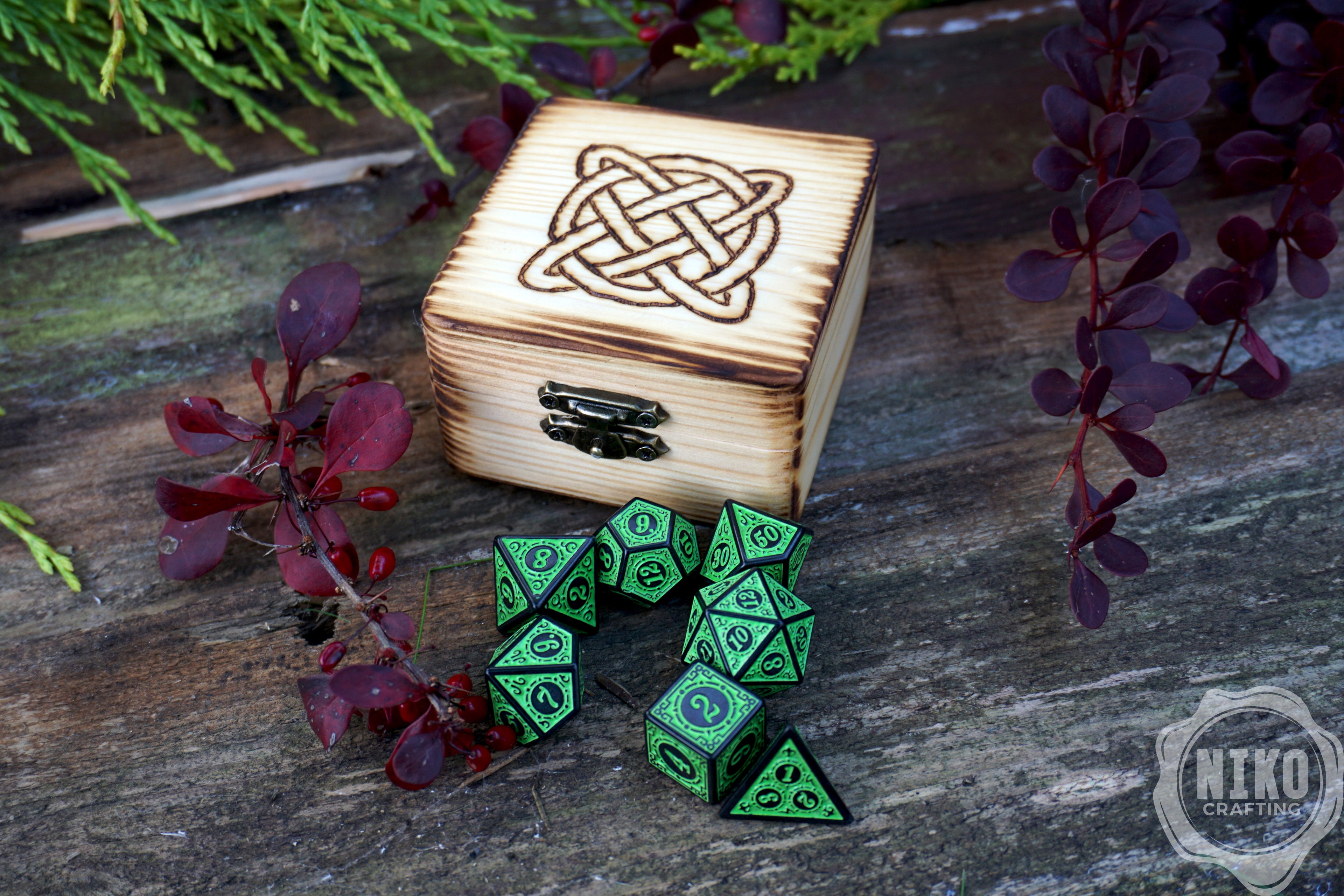 Personalised DnD Dice Set with Pyrography Wooden Box -  Viking Knot Design