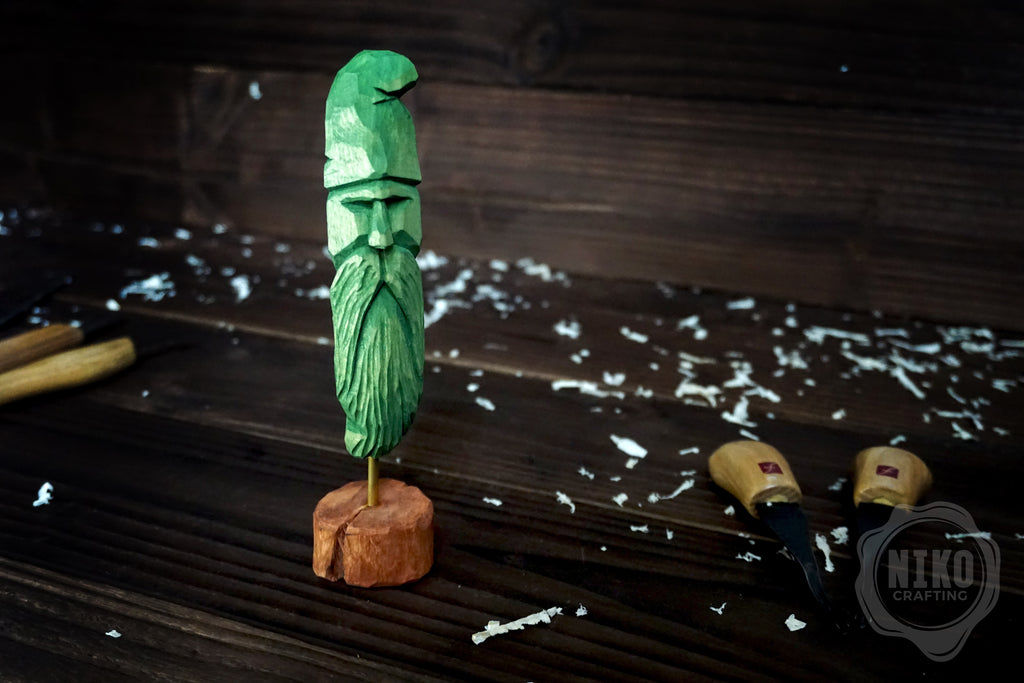 Hand-Carved Bearded Viking- Whittled Standing Figurine. Personalised Green Viking in Hat
