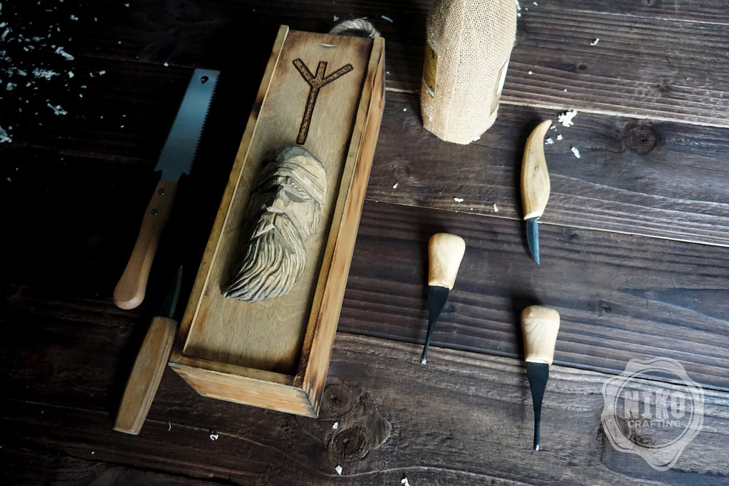 Handmade Wooden Wine Box - Carved Viking on Sliding Lid. Personalized Chest with Handle & Pyrography Rune of Protection