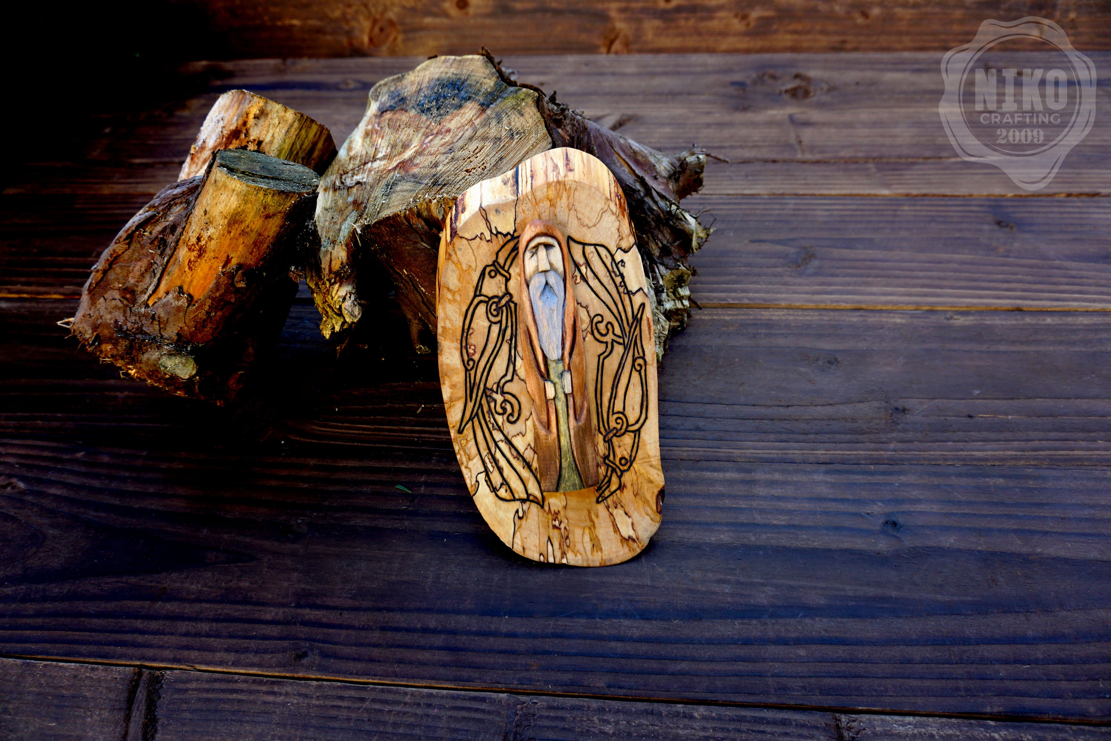 Hand Carved Odin Wall Art with Ravens – Lime Wood & Silver Birch – Viking Norse Wooden Decor – Handmade Rustic Ornament