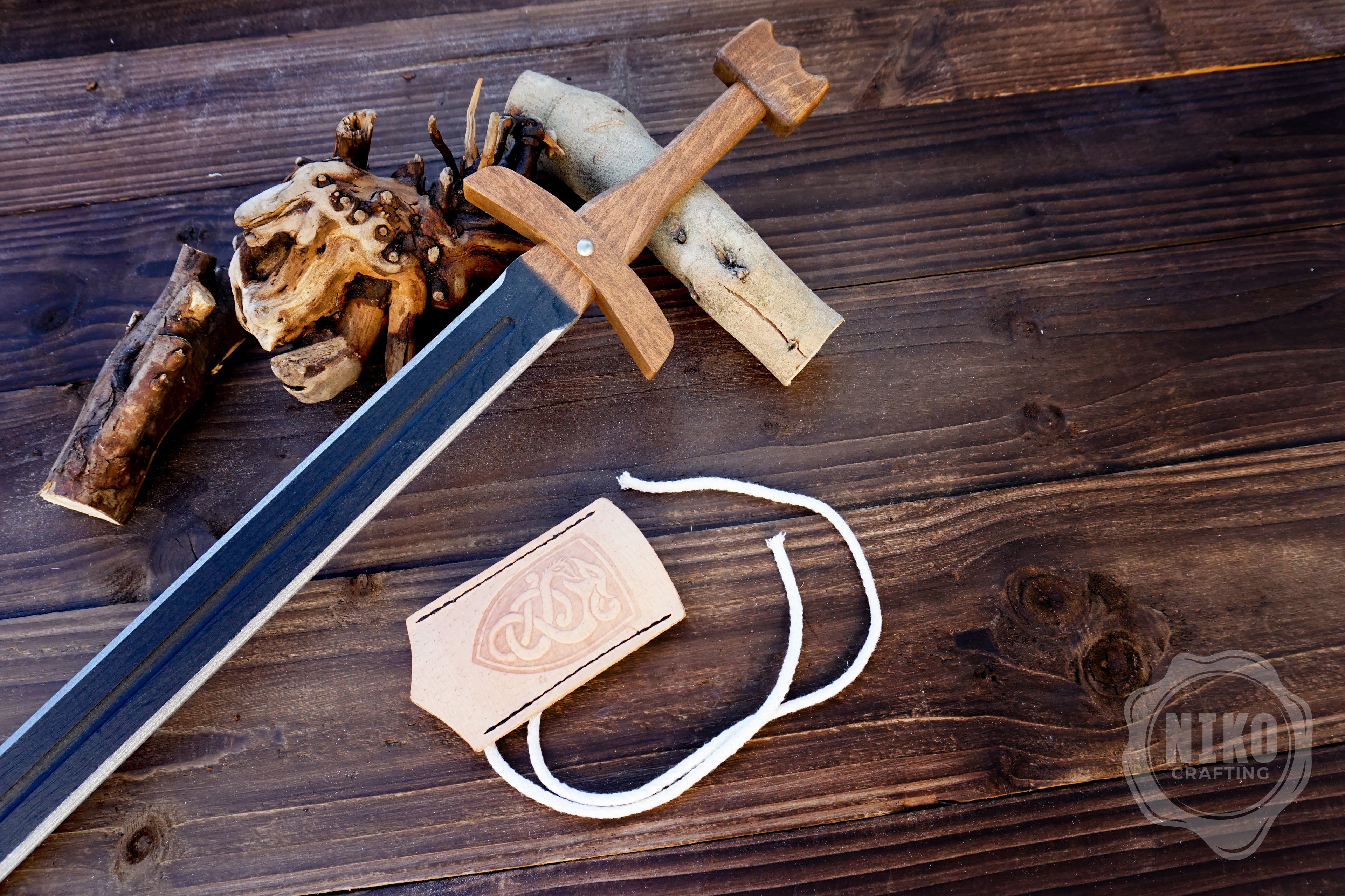 Wooden Viking Toy Sword with Leather Scabbard – Handmade, Personalised Toy - A