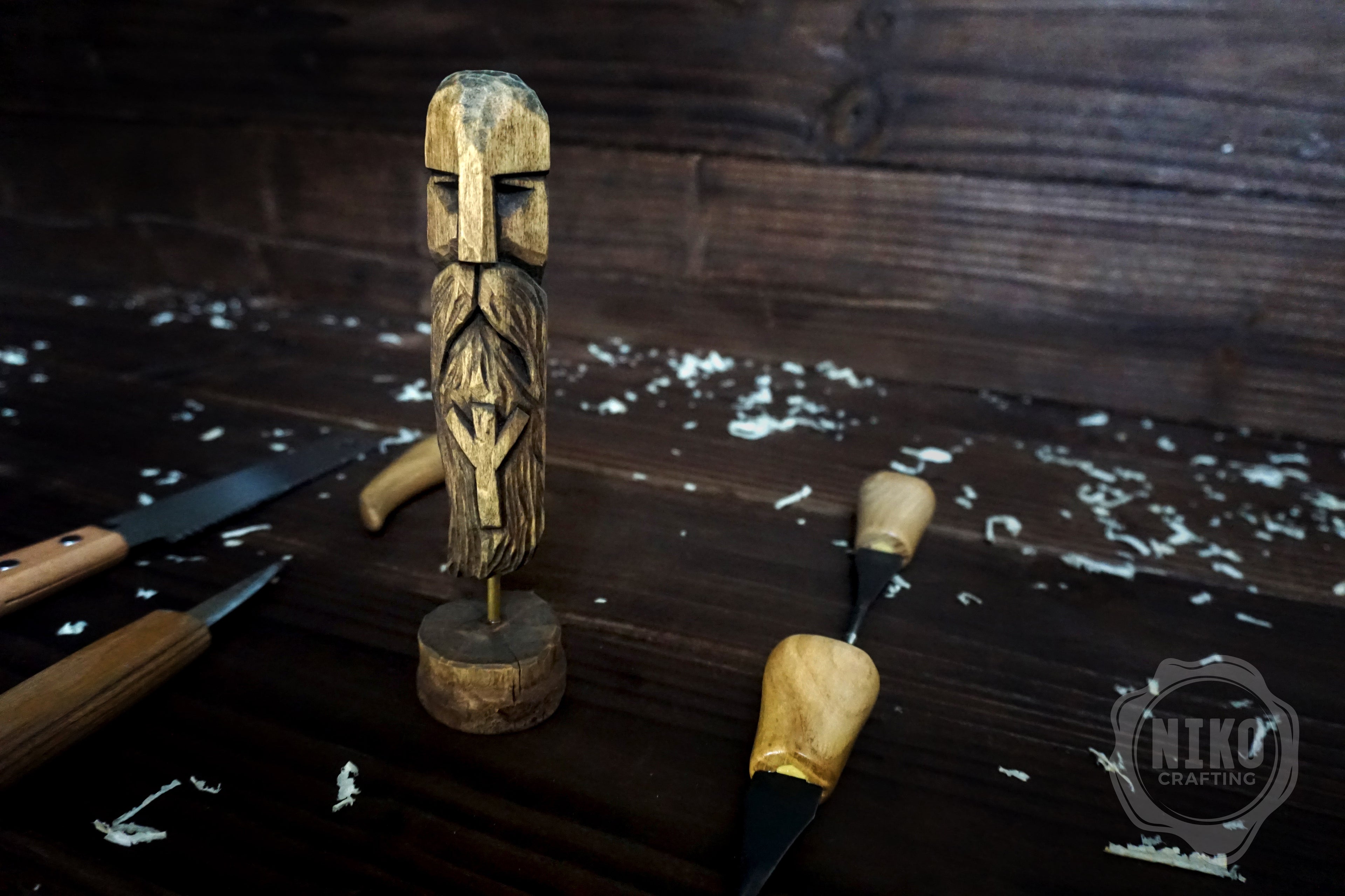 Hand-Carved Bearded Viking in Helmet - Whittled Standing Figurine. Personalised Gift