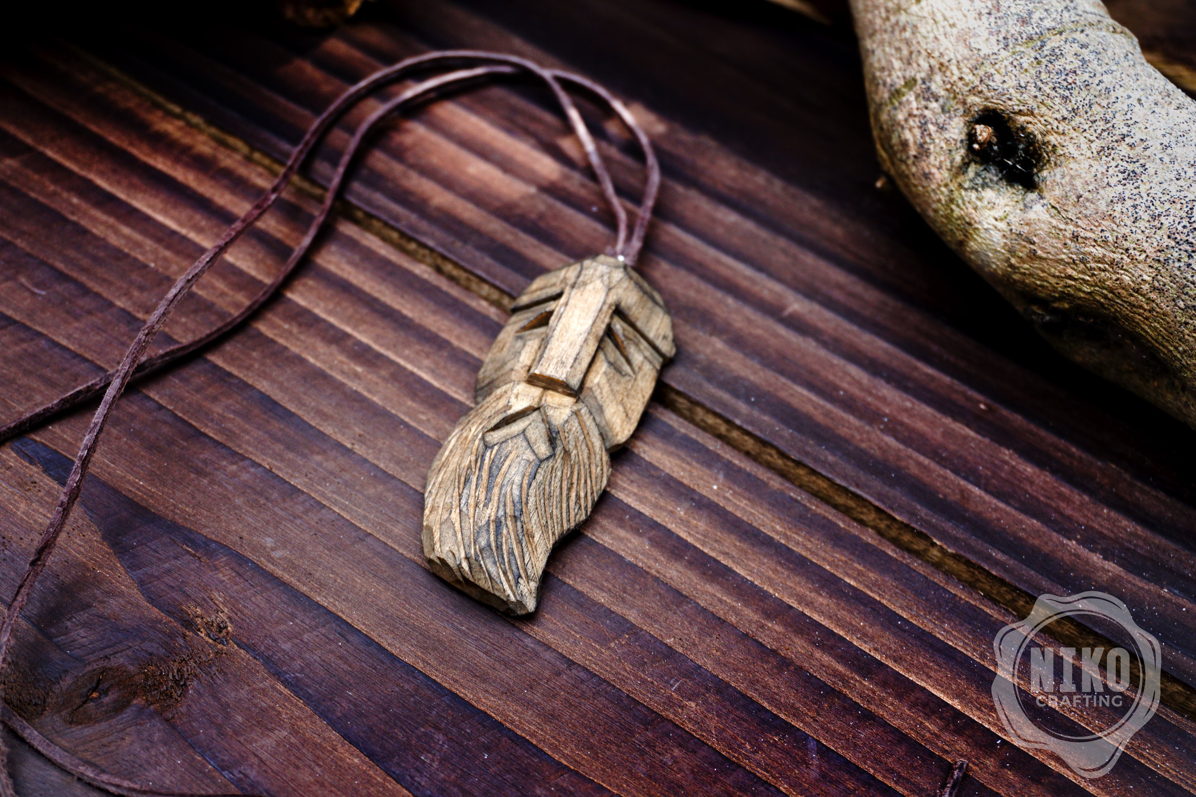 Hand-Carved Viking Pendant - Norse Jewellery. Wooden Necklace on Leather Cord - Personalized whittling gift.