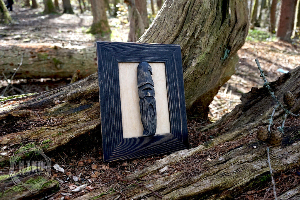 Hand - Carved Viking in Frame - Personalized Rustic Home Decoration – Handmade Wal Art - Black