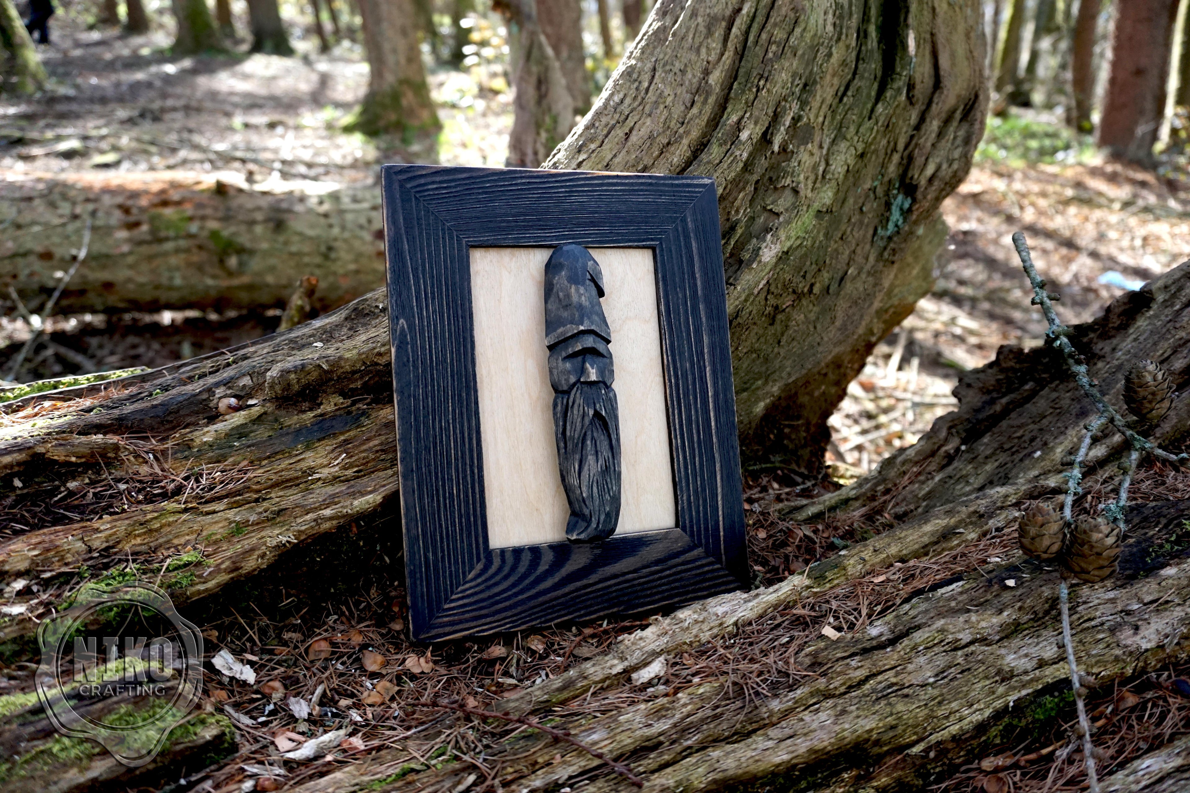 Hand - Carved Viking in Frame - Personalized Rustic Home Decoration – Handmade Wal Art - Black