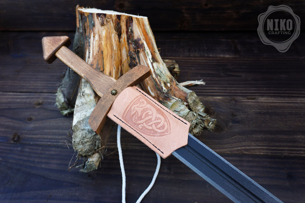 Wooden Viking Toy Sword with Leather Scabbard – Handmade, Personalised Toy - B