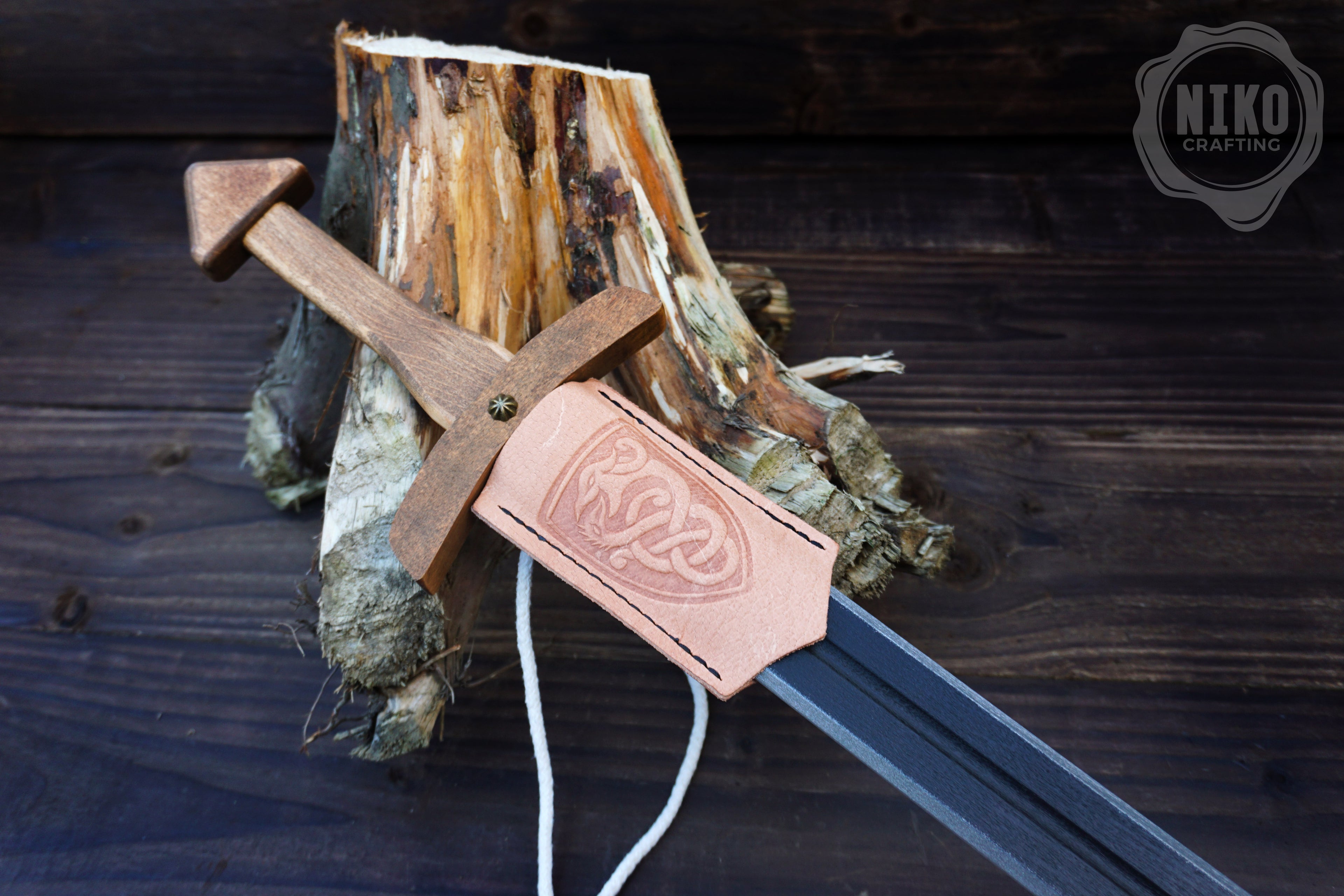 Wooden Viking Toy Sword with Leather Scabbard – Handmade, Personalised Toy - B