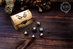 Metal Dice in Wooden Box - Pyrography: Evil Eyes - Hand-made, Personalized Dungeons and dragons Gift