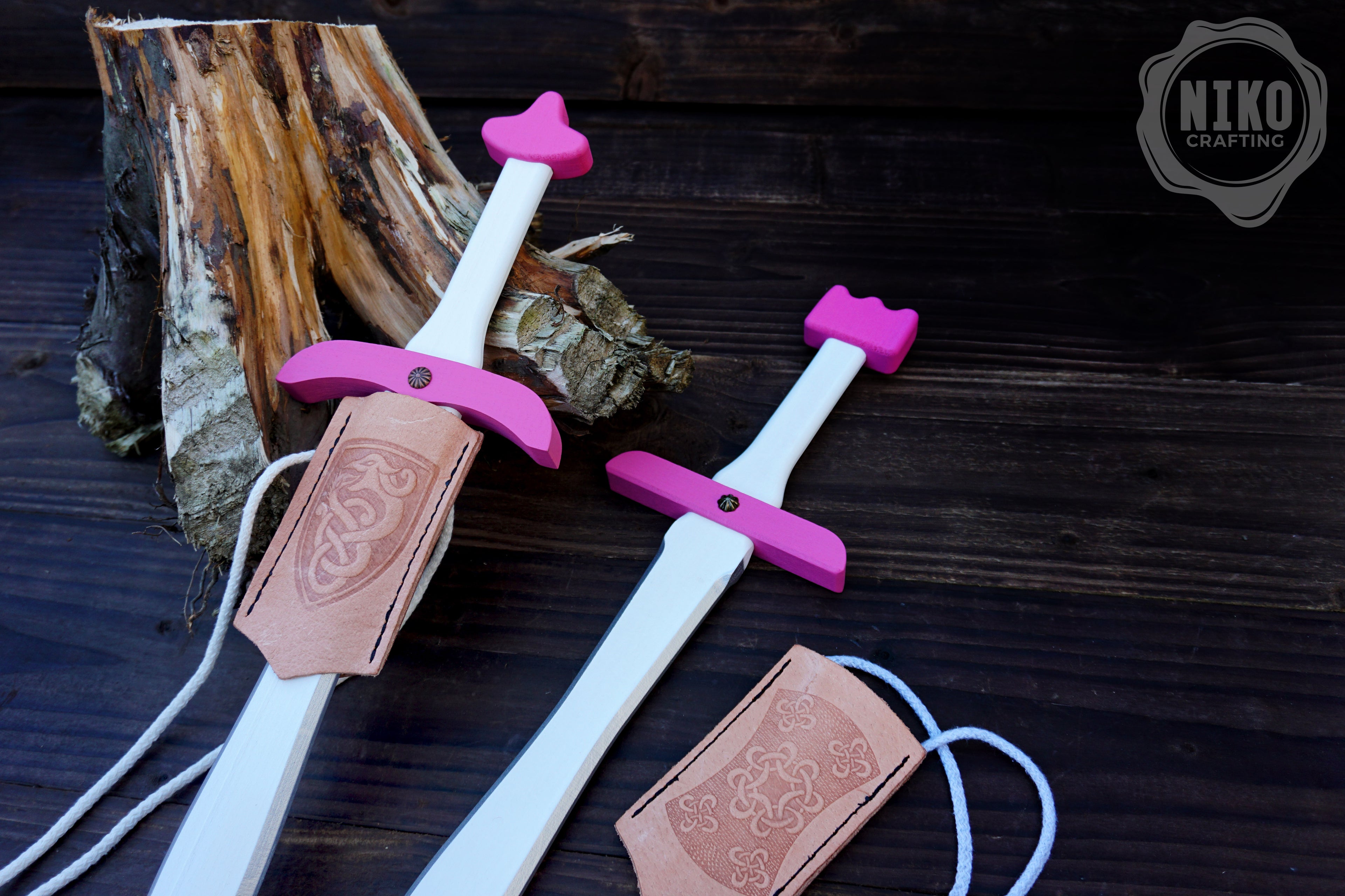Pink Wooden Toy Sword with Leather Scabbard: Handmade, Personalised Gift