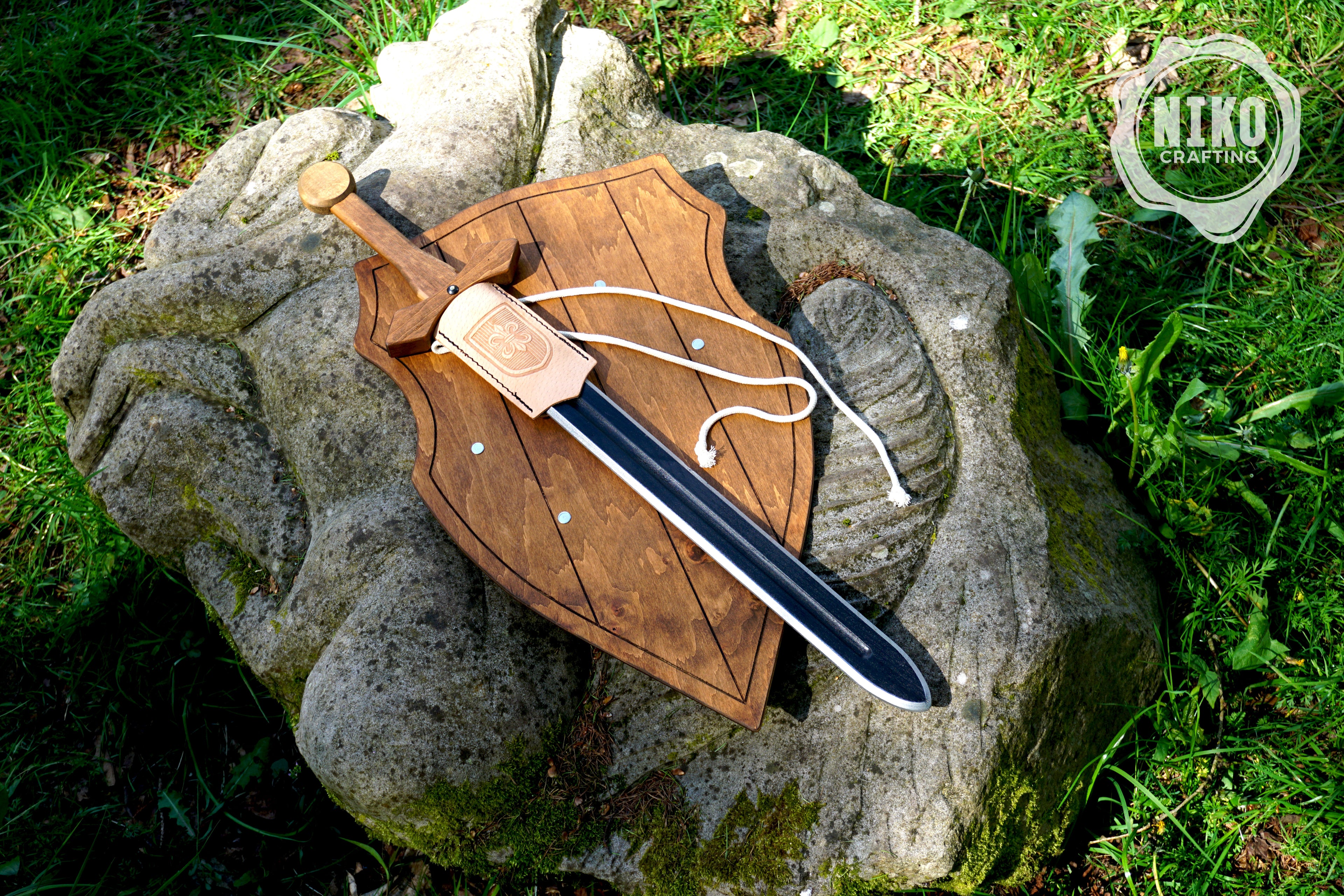 Wooden Toy Sword with Knight Shield and Scabbard - Personalised, handmade gift