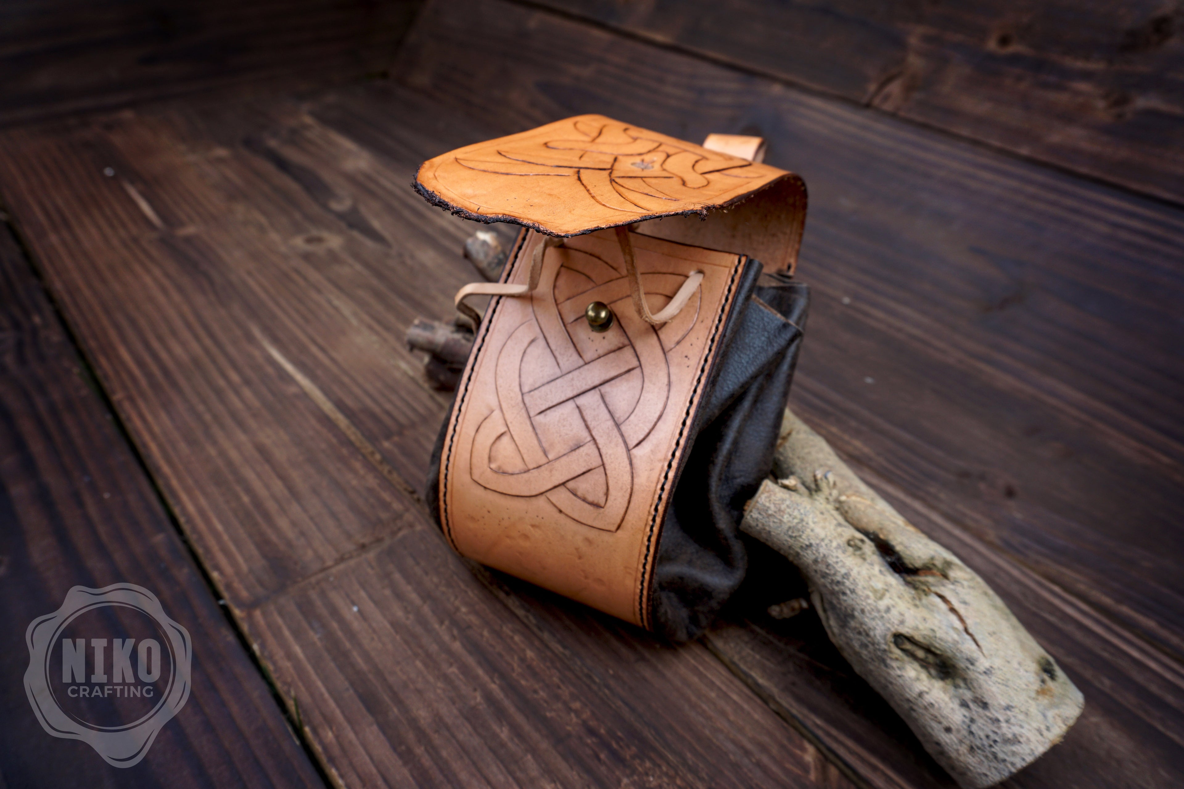 Handmade leather Viking Belt Pouch with "Aarhus Stone" Embossing - Medieval Hip-bag