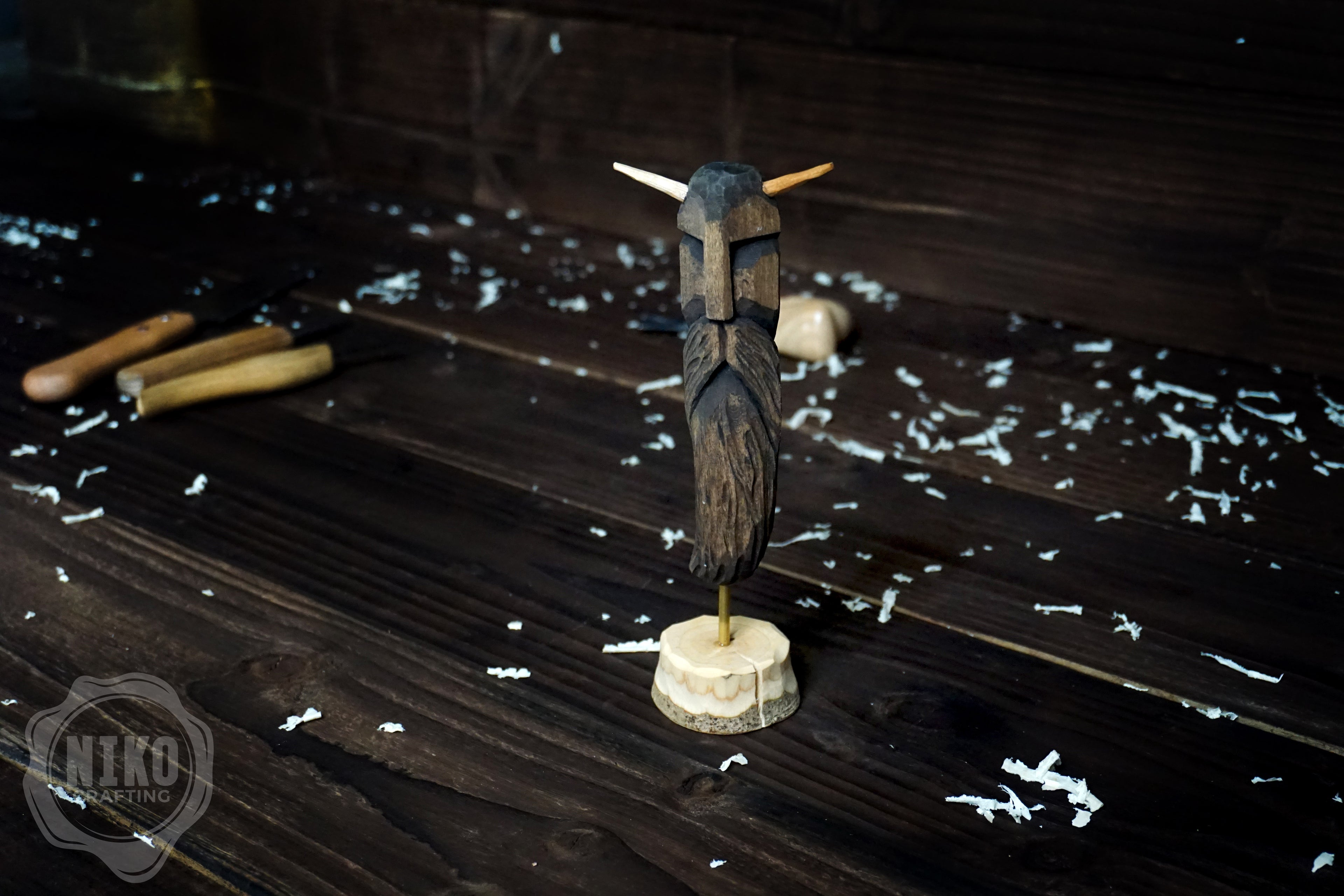 Hand-Carved Bearded Viking in Helmet with Horns - Whittled Standing Figurine. Personalised Gift