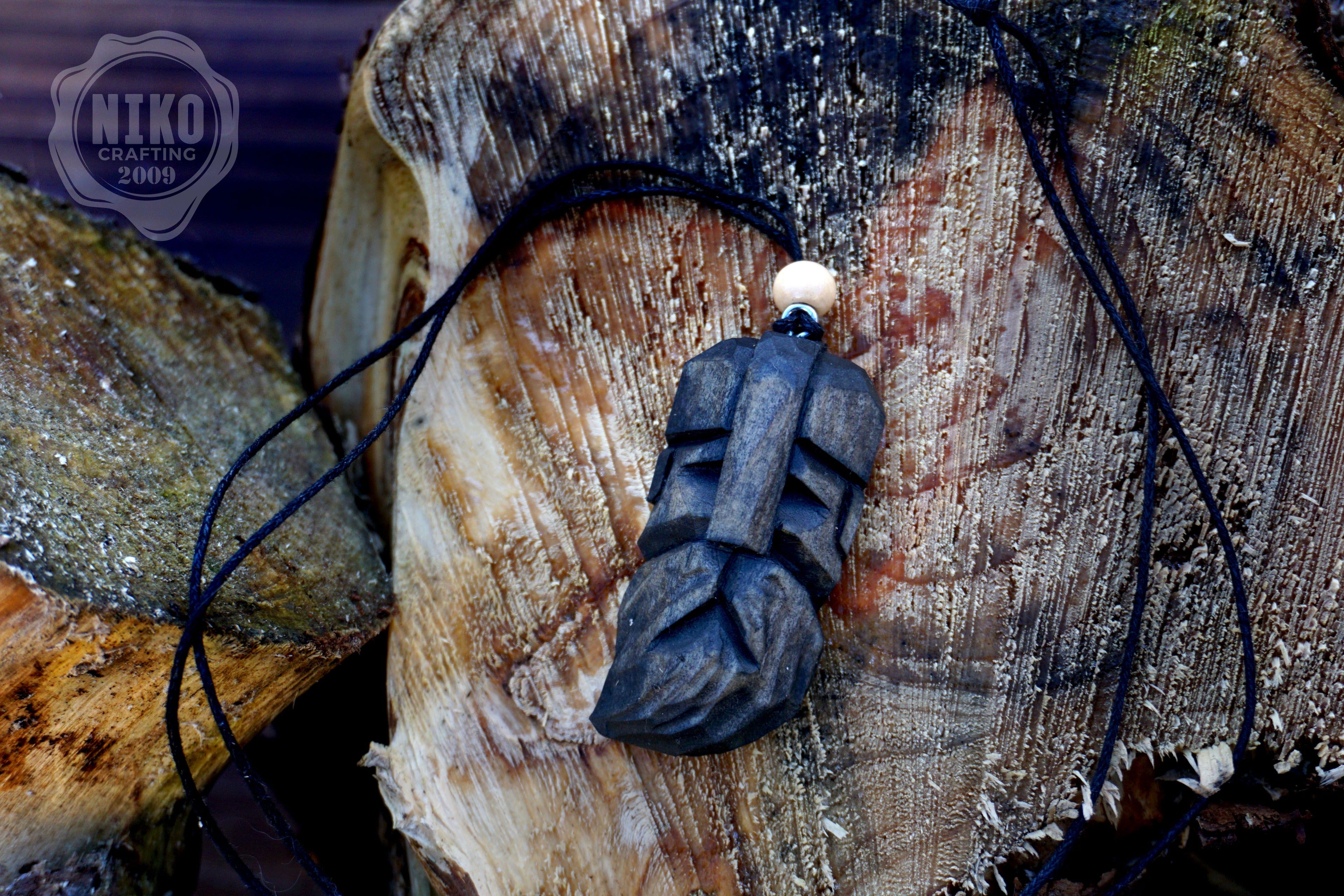 Hand-Carved Viking Pendant - Norse Jewellery. Black Wooden Necklace - Personalized whittling gift.