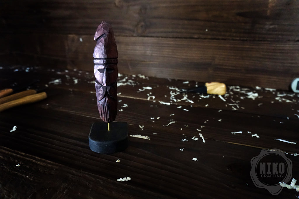 Hand-Carved Bearded Viking- Whittled Standing Figurine. Personalised Purple Viking in Hat