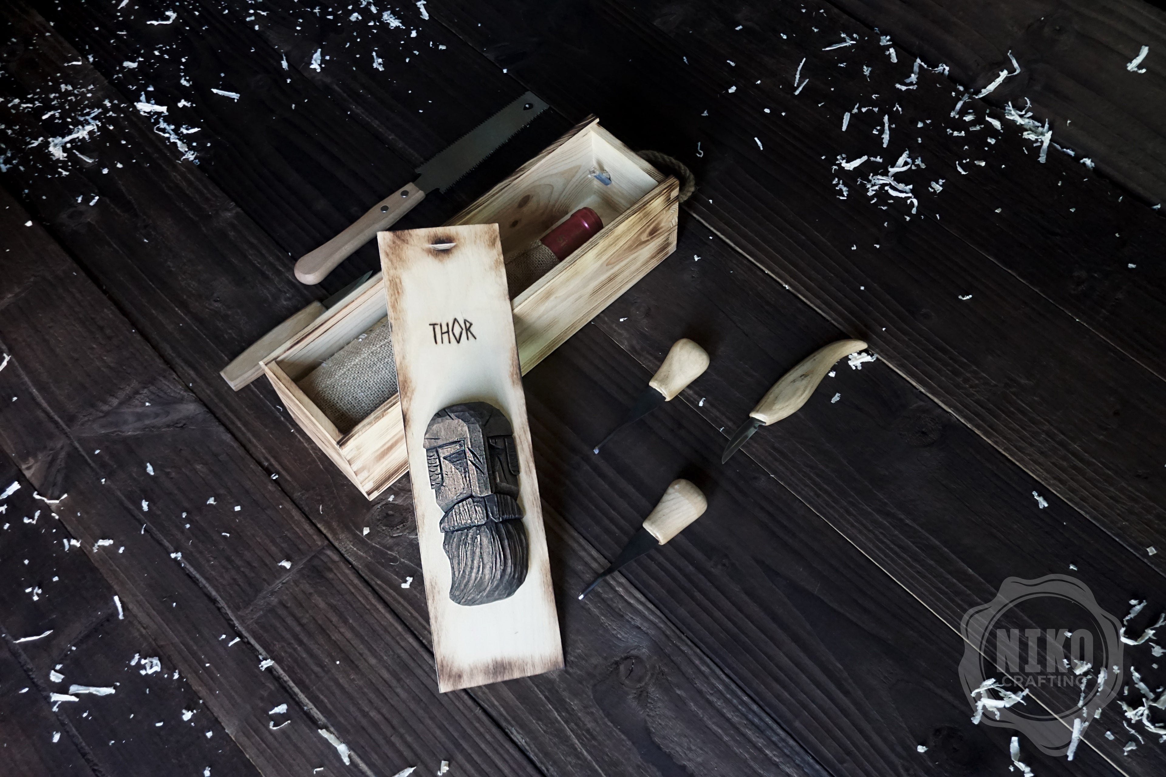 Handmade Wooden Wine Box - Carved Thor on Sliding Lid. Personalized Viking Gift - Chest with Rope Handle & Pyrography