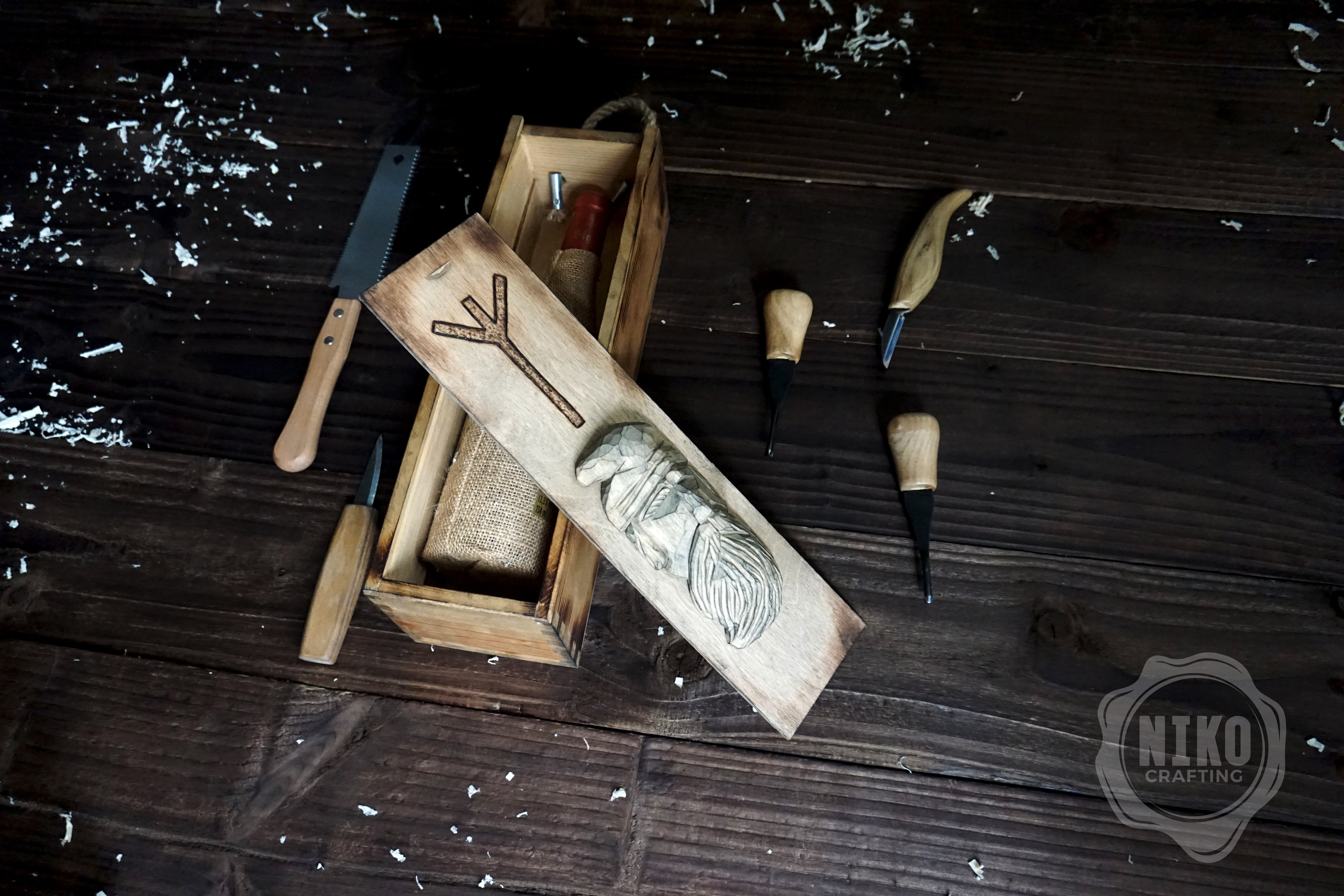 Handmade Wooden Wine Box - Carved Viking on Sliding Lid. Personalized Chest with Handle & Pyrography Rune of Protection