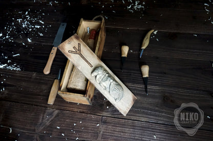 Handmade Wooden Wine Box - Carved Viking on Sliding Lid. Personalized Chest with Handle & Pyrography Rune of Protection