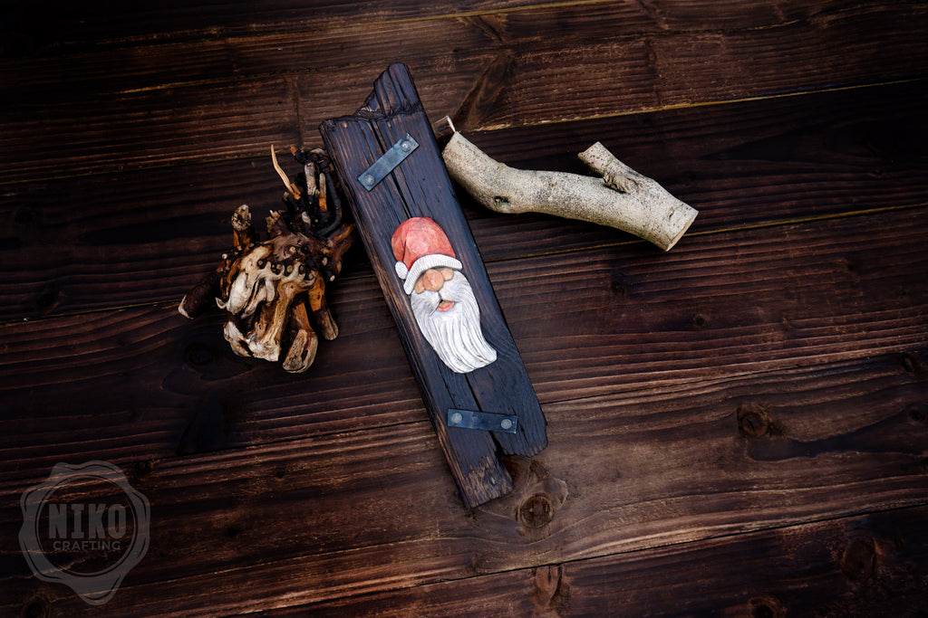 Hand-Carved Santa Claus Wall Art- Rustic Christmas Decoration. Personalised gift- B