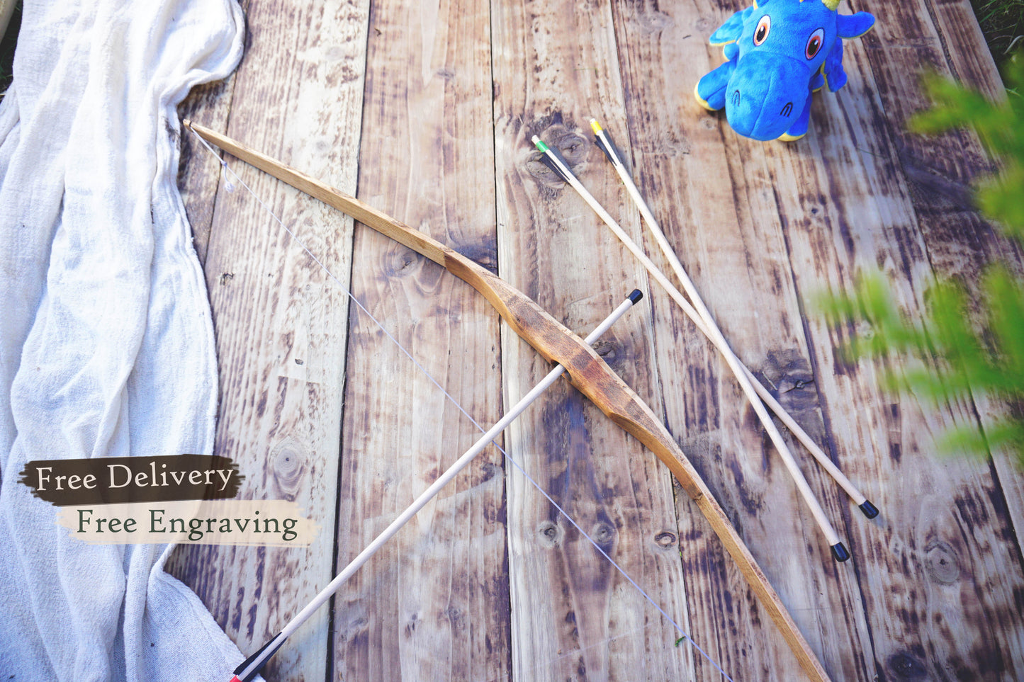 Handmade Wooden Large Bow with Arrows: Medieval Outdor Play - Personalized Gift