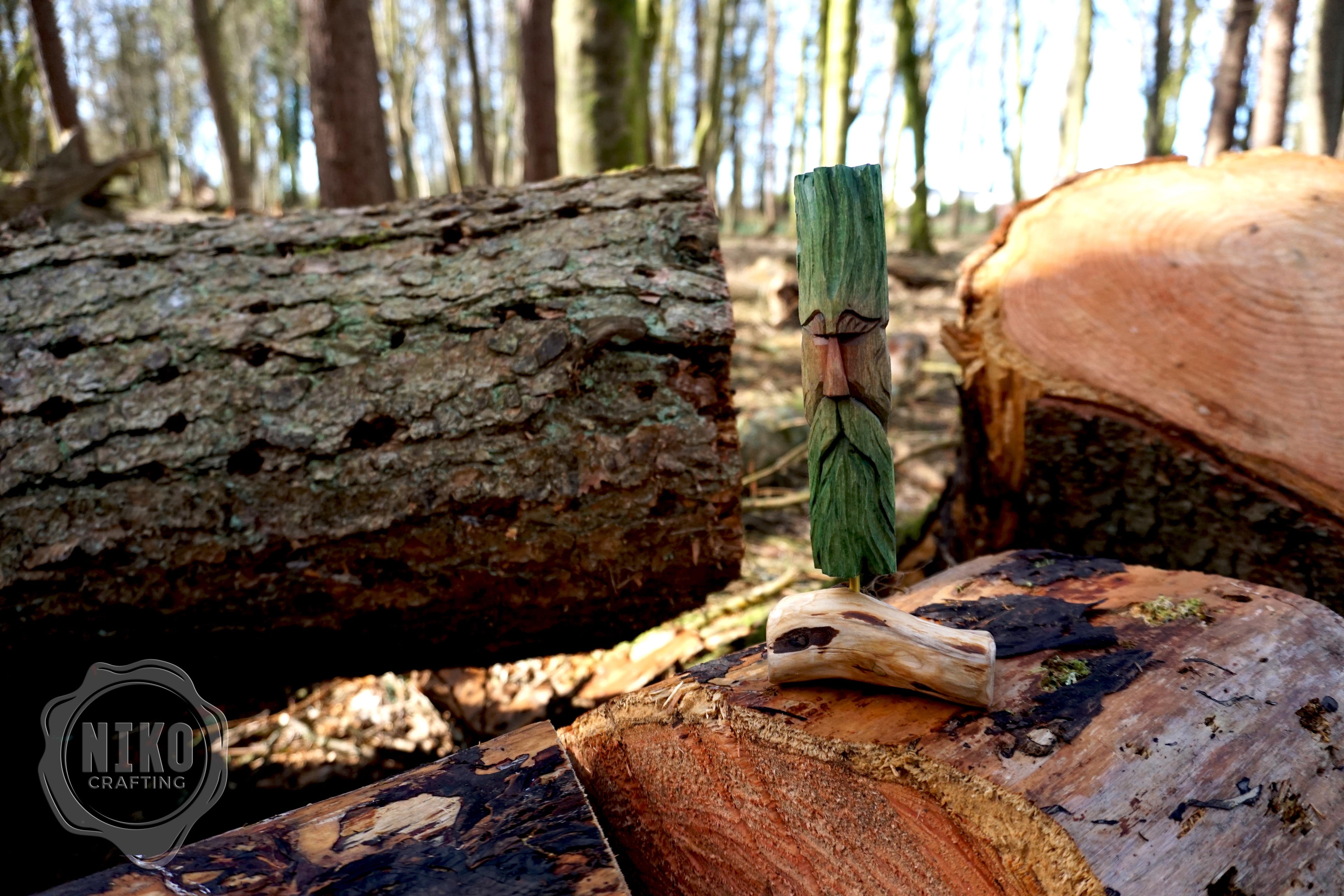 Hand Carved Green Man - Whittled Standing Figurine. Personalised Wood Spirit.