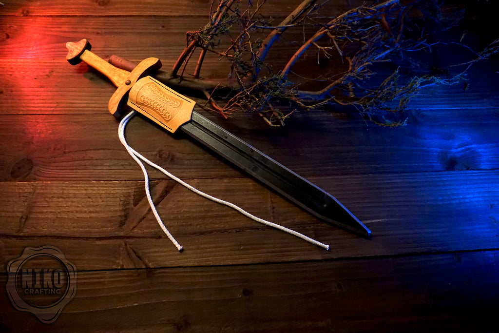 Wooden Viking Toy Sword with Leather Scabbard – Handmade, Personalised Toy - C